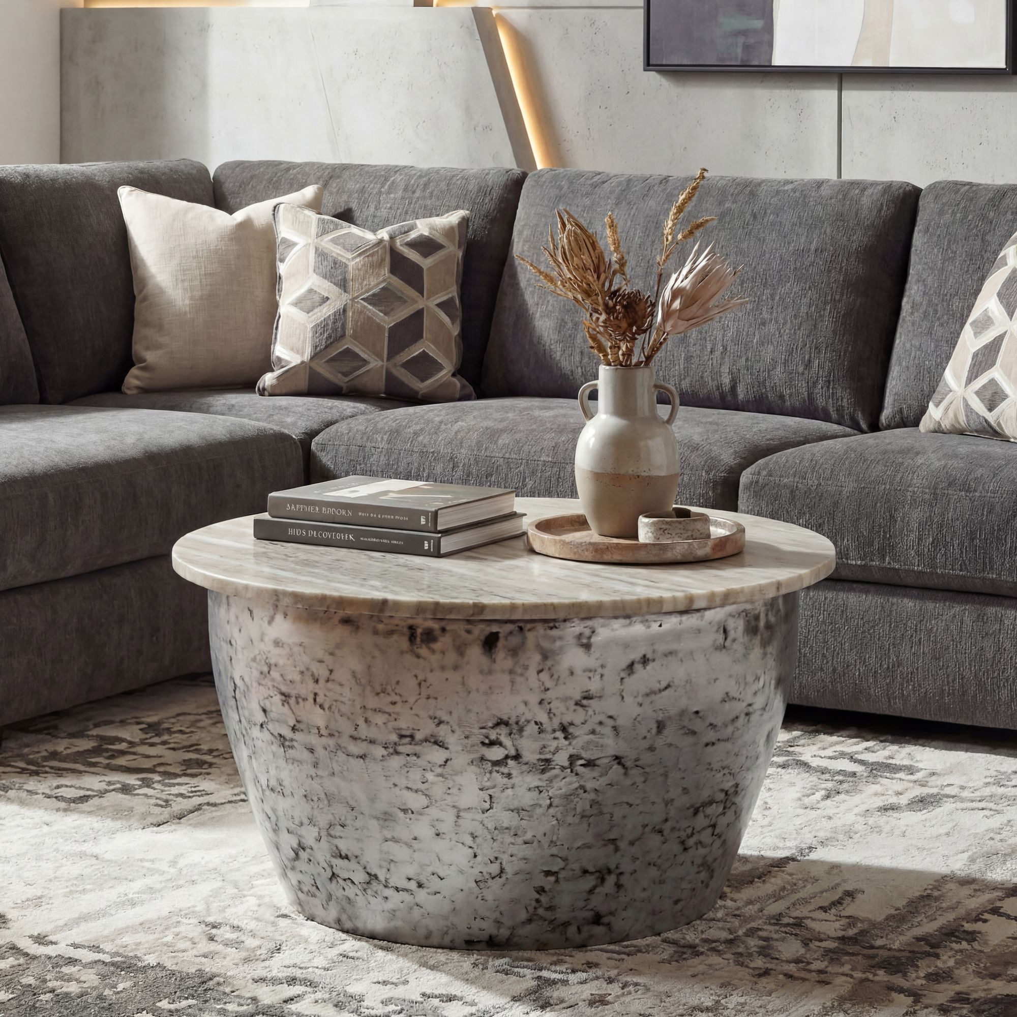 FINEBUY Couchtisch FB116731 Sofatisch Marmor Wohnzimmertisch 60cm rund Tisch Handmade (Extravaganter Tisch in moderner Trommelform), Weiße Marmorplatte auf massivem Eisen