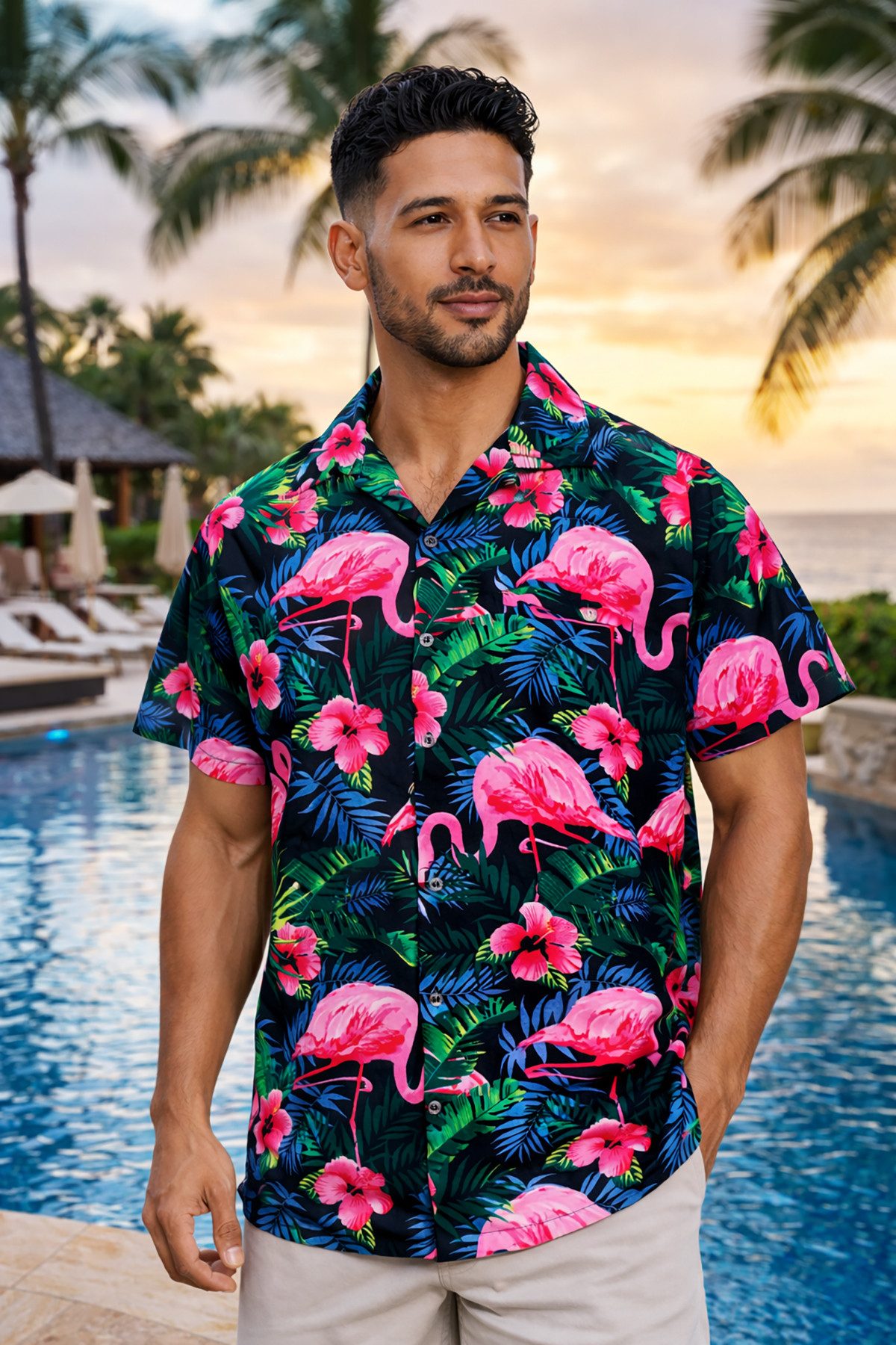 King Kameha Hawaiihemd "Flamingo Flowers" Funky Hawaii-Hemd Herren Kurzarm Front-Tasche