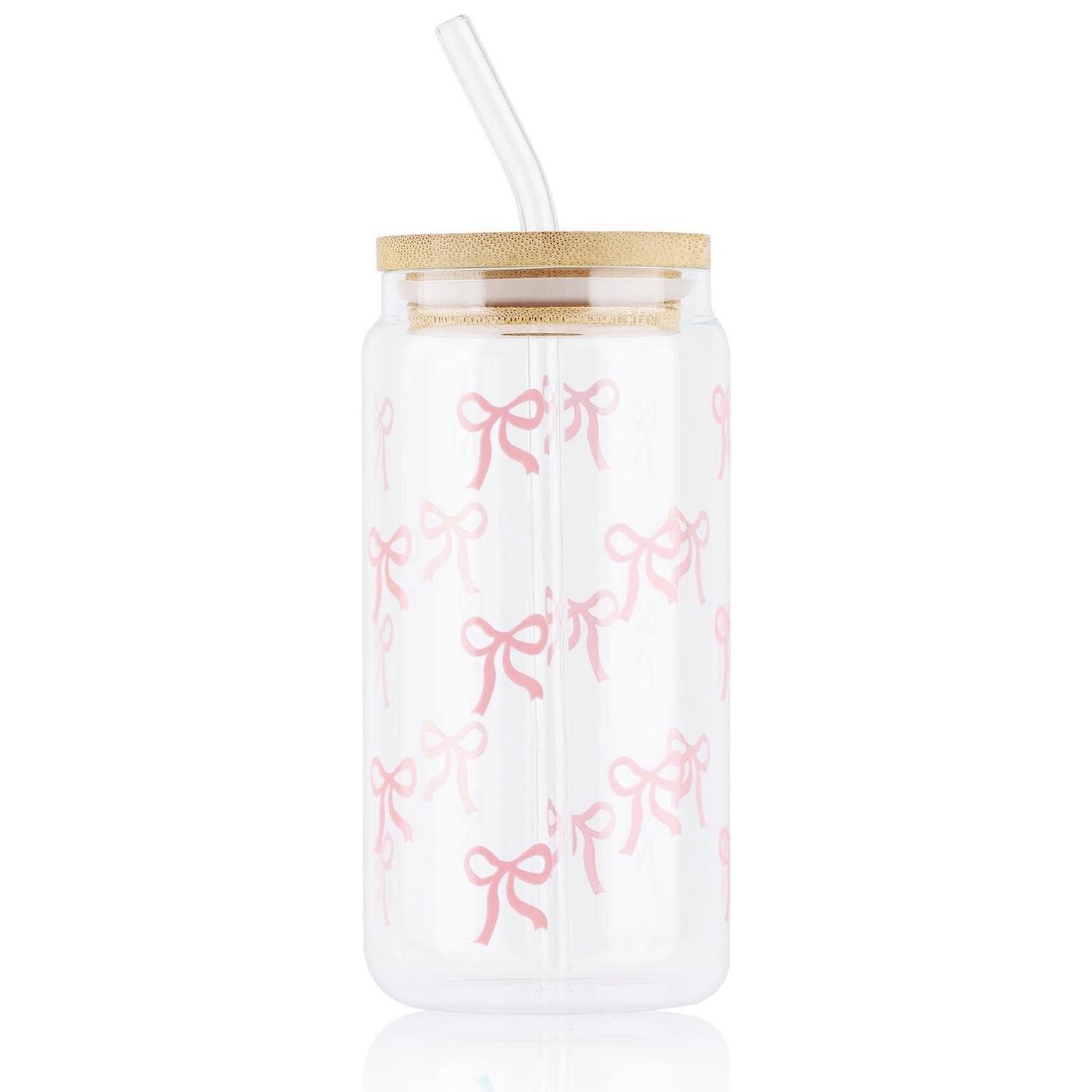 LuxusKollektion Becher Glasbecher-Set rosa mit Strohhalm 453ml, Glas