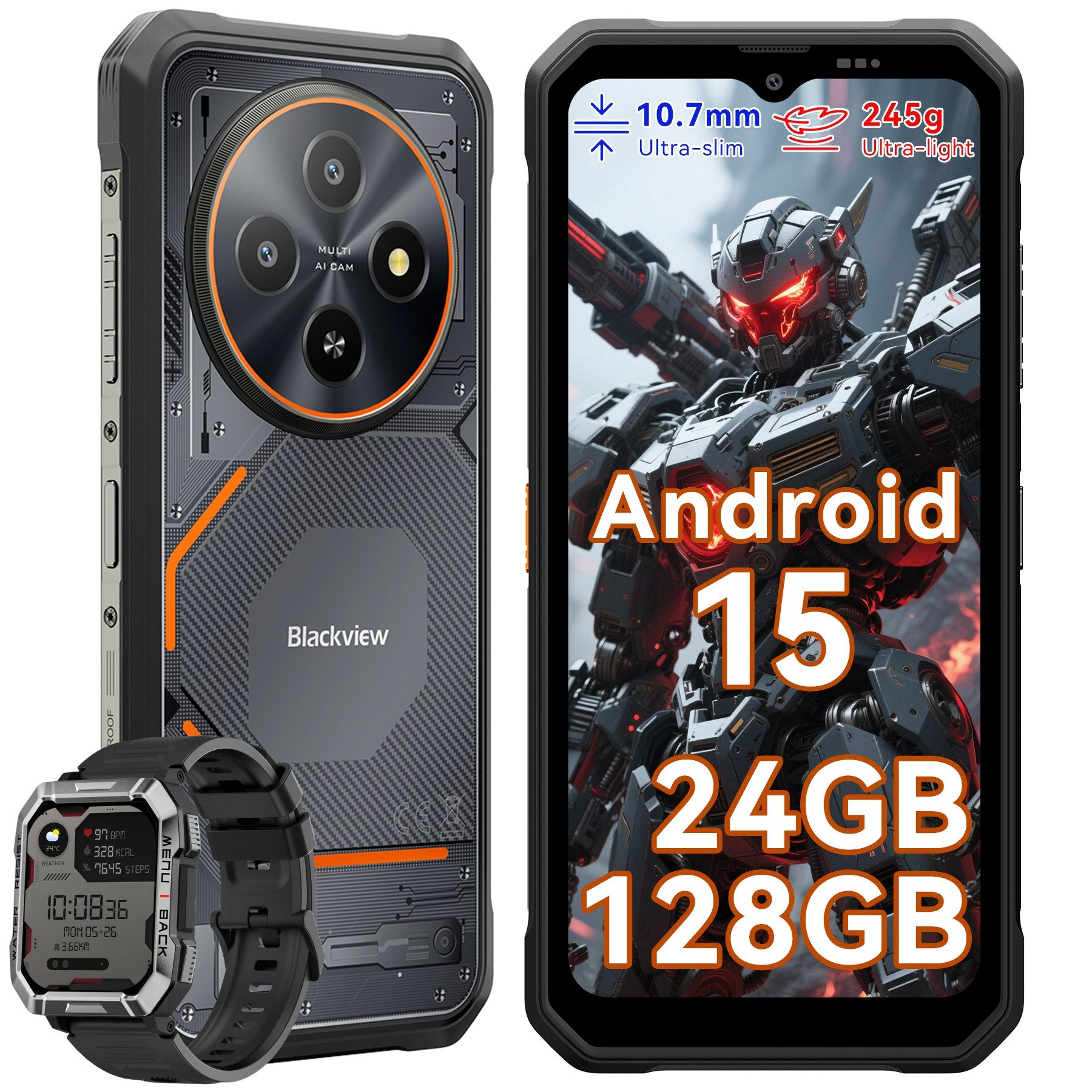 blackview FORT 2 incl. W60 Smartwatch Ultradünnes Outdoor Smartphone (6.56 Zoll, 128 GB Speicherplatz, DokeOS 5.0, Android 15, 128/256GB, 16MP, 5W OTG)