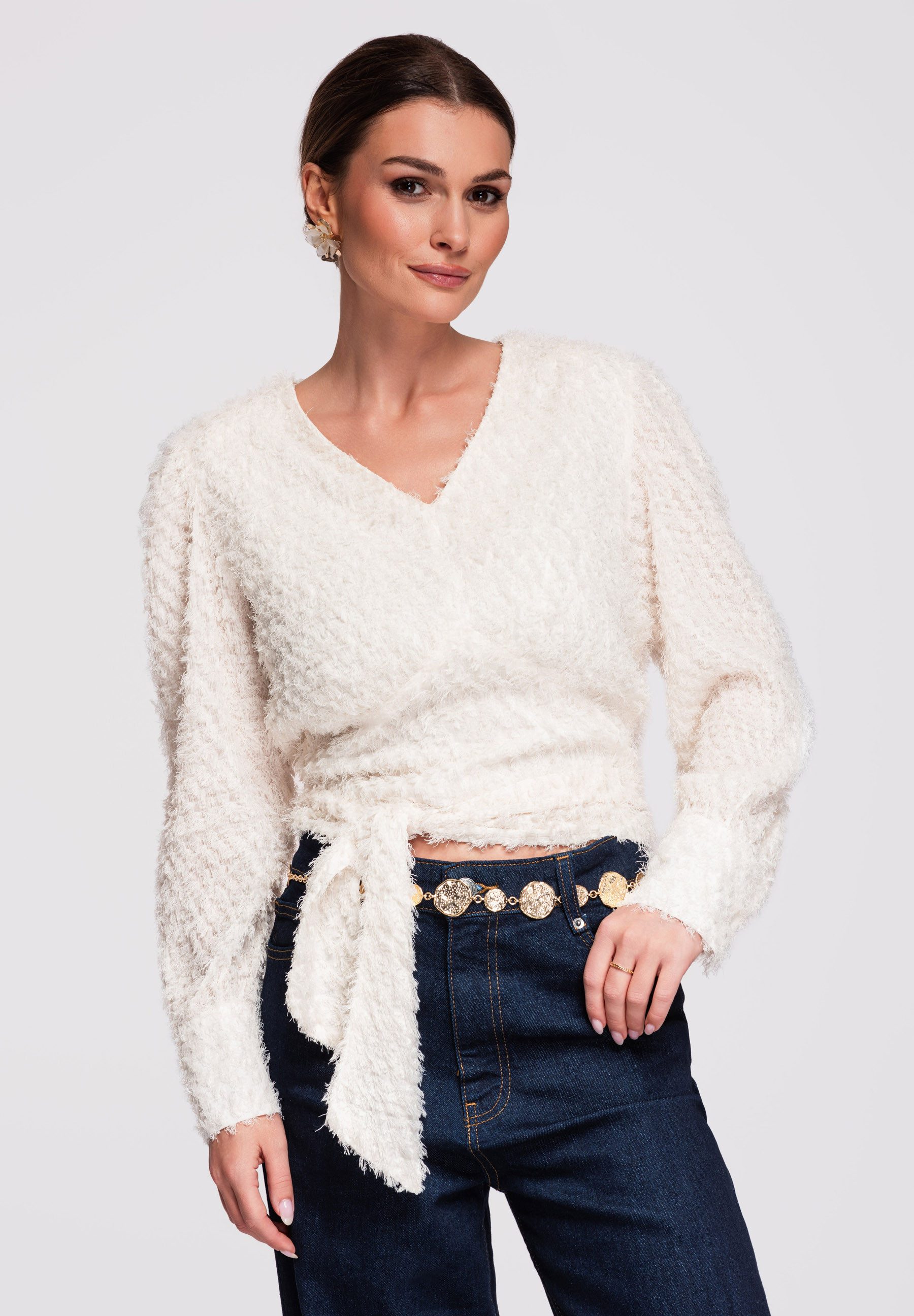 OMBRE Wickelbluse Damen Bluse Kurz Figurbetont Elegant Ecru M (kein Set, 1-tlg) Taillenregulierung durch Bindegürtel