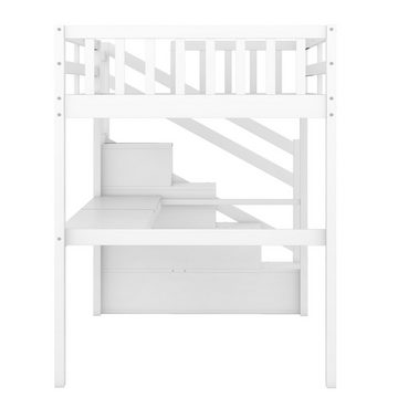 NMonet Hochbett Kinderbett (Geeignet für Jungen und Mädchen) Etagenbett, Massivholz, mit Treppe und Schreibtisch, 90x200cm