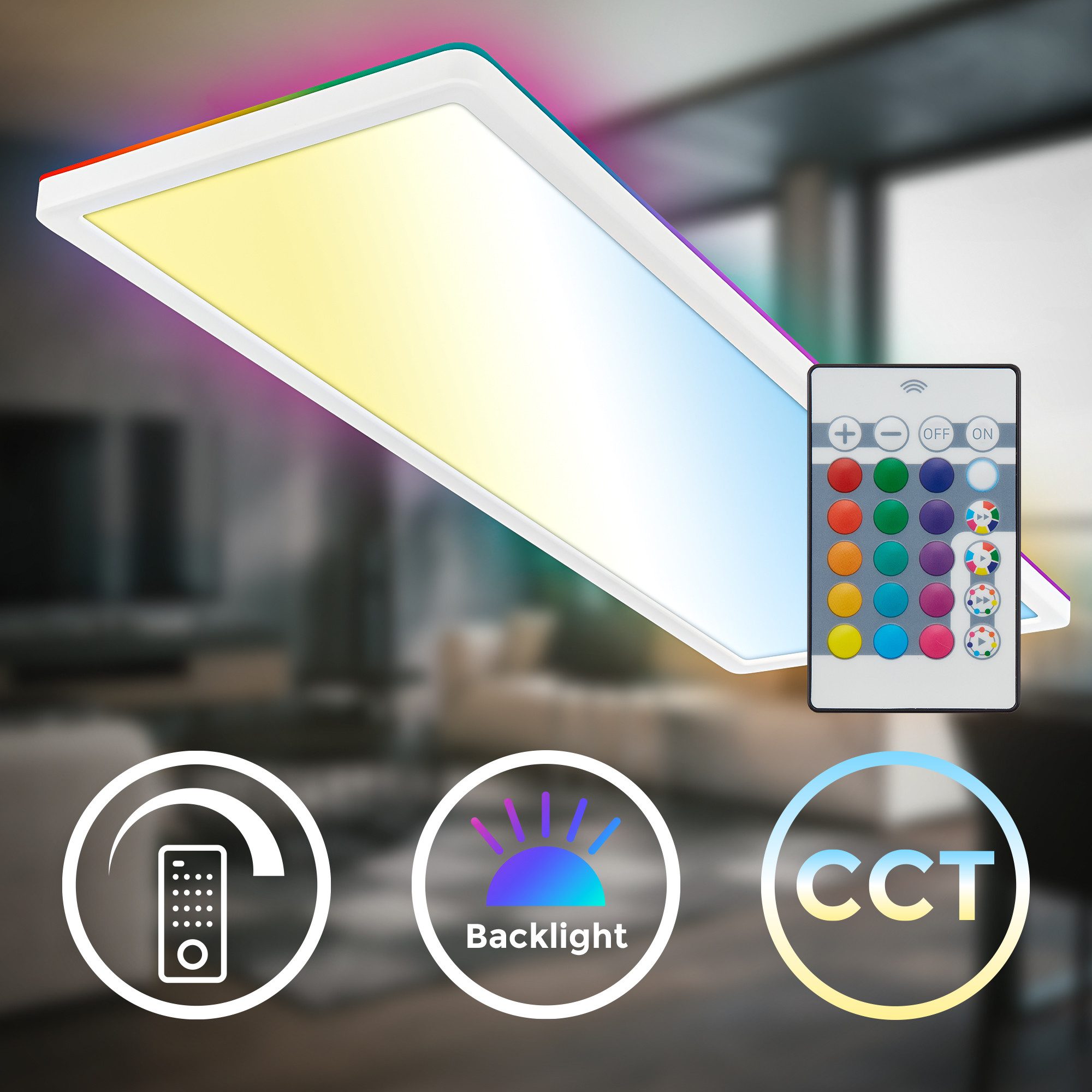 Briloner Leuchten LED Panel flach dimmbar Fernbedienung CCT RGB Backlight, LED fest integriert, 2700 - Extra-Warmweiß, 18W/22W