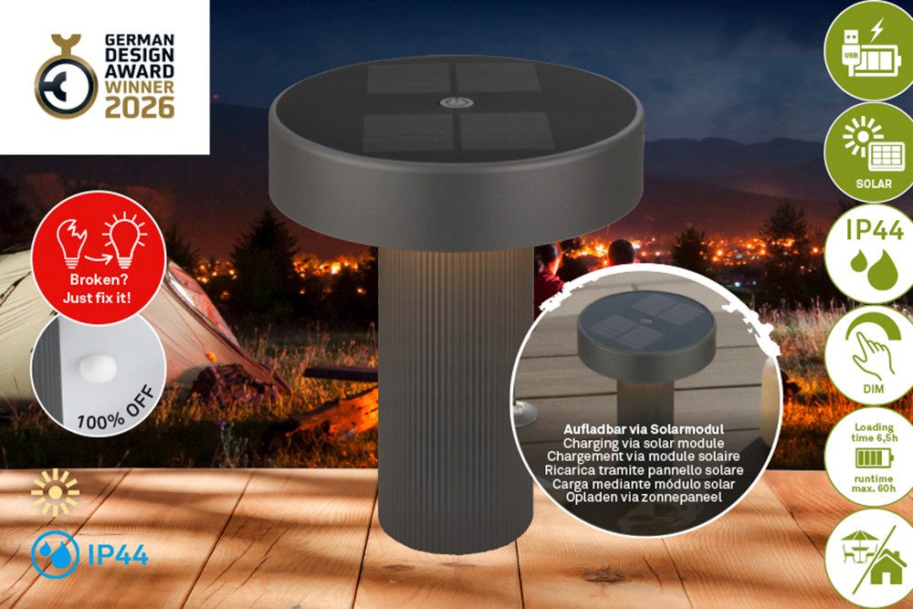 Briloner Leuchten LED Außen-Tischleuchte POGA, LED fest integriert, 16x20 cm, Akku tauschbar, Indoor/Outdoor, Wohnzimmer, Balkon