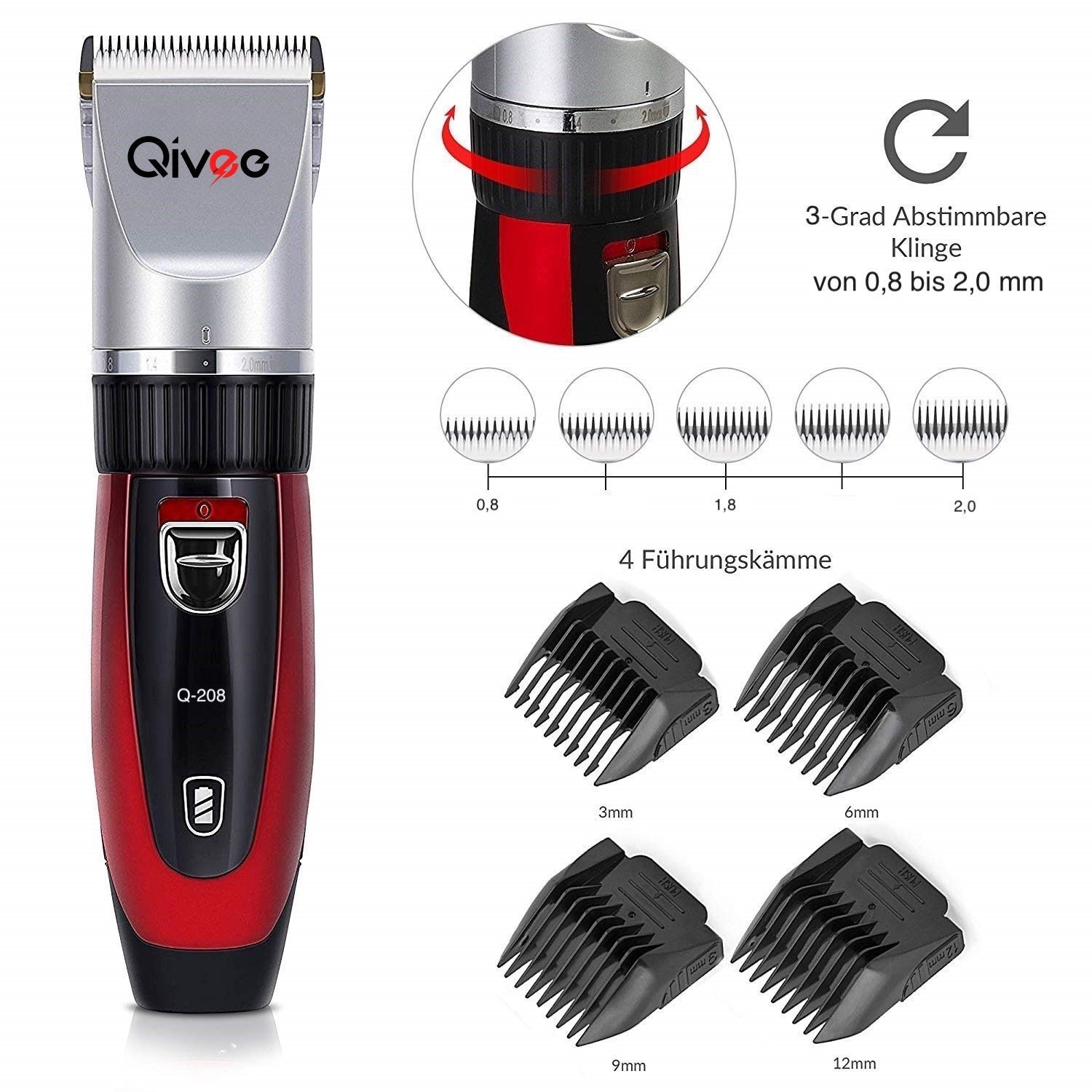 Qivee Haar- und Bartschneider Q-208, Haarschneider, 2x Akkus, Ladegerät, 4x Aufsätze, Pflegeöl, Bürste, Salon-Erlebnis zuhause