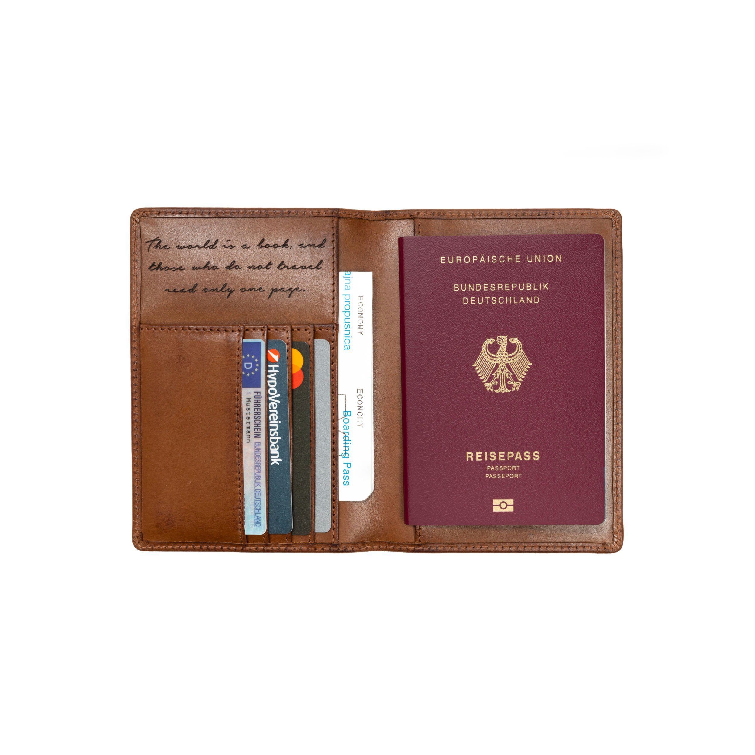 DRAKENSBERG Brieftasche Reisepasshülle Vintage-Braun, Lederetui Reisezitat »Pete« vielen mit für Reisepass mit Kartenfächern