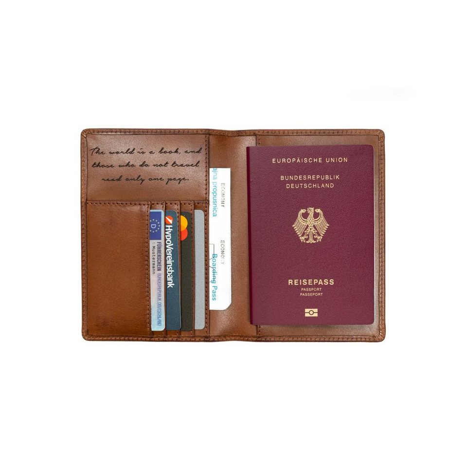 Reisepasshülle für mit vielen Brieftasche mit »Pete« Reisezitat DRAKENSBERG Vintage-Braun, Lederetui Kartenfächern, Reisepass