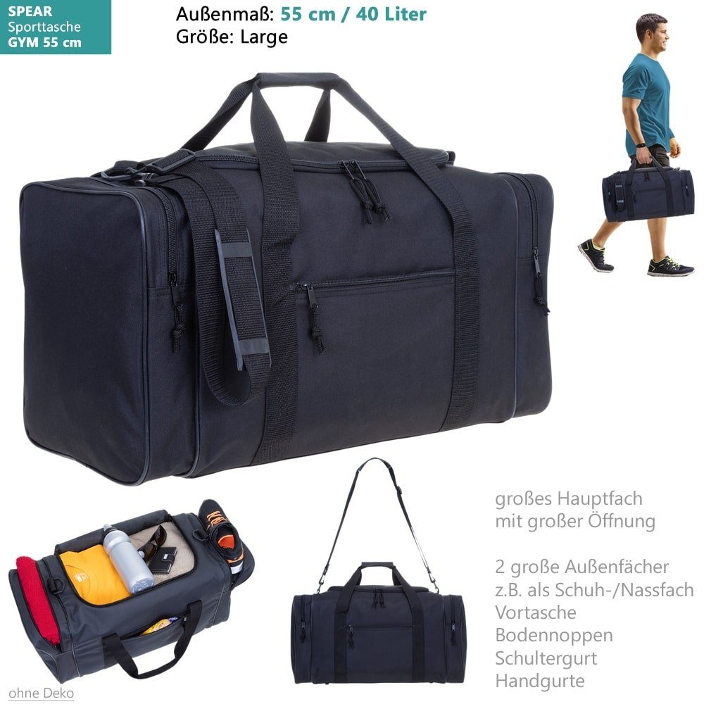 Spear Bags Sporttasche groß Saunatasche Reisetasche Gymbag 55 cm, 40 Liter Gym Tasche Fußballtasche Large + Trinkflasche