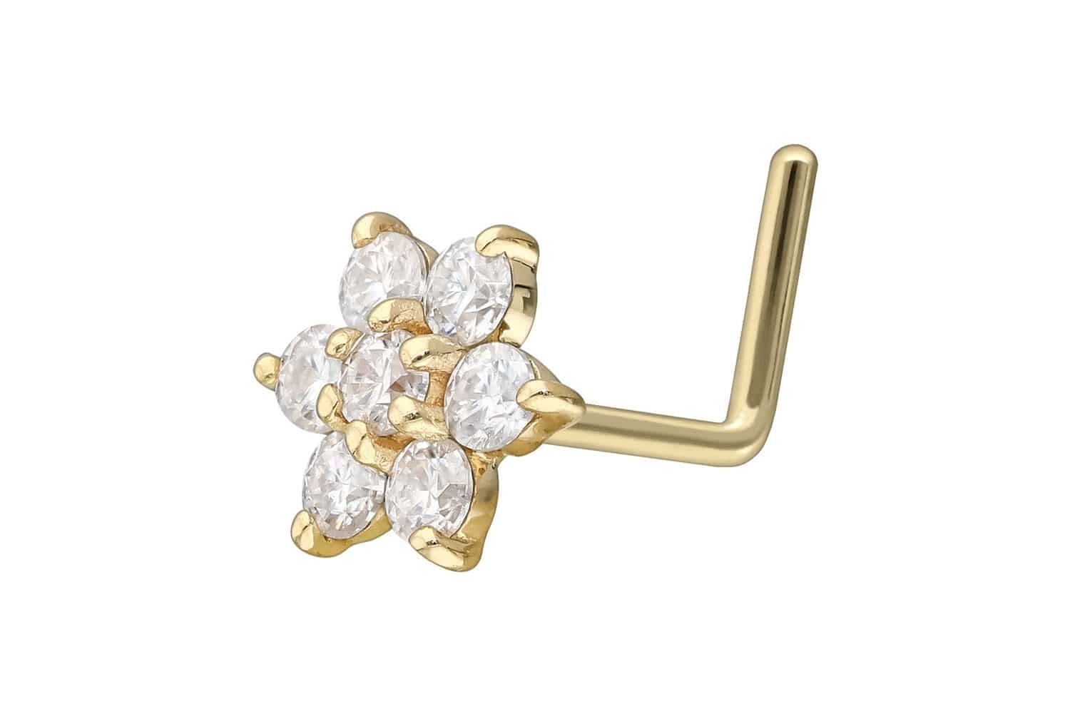 Nasenpiercing 14/18 Karat Gold Nasenstecker L-Form MOISSANIT-BLUME