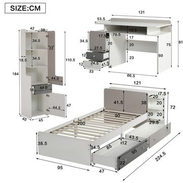 Flieks Schlafzimmer-Set, (3-St), Jugendbett Stauraum Einzelbett 90x200cm + Schreibtisch + Bücherregal