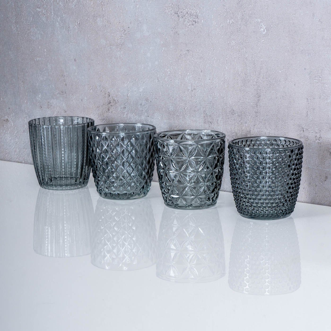 Levandeo® Teelichthalter, 4er Set Windlicht Glas H7,5cm Kerzen Teelichthalter Grau Tischdeko