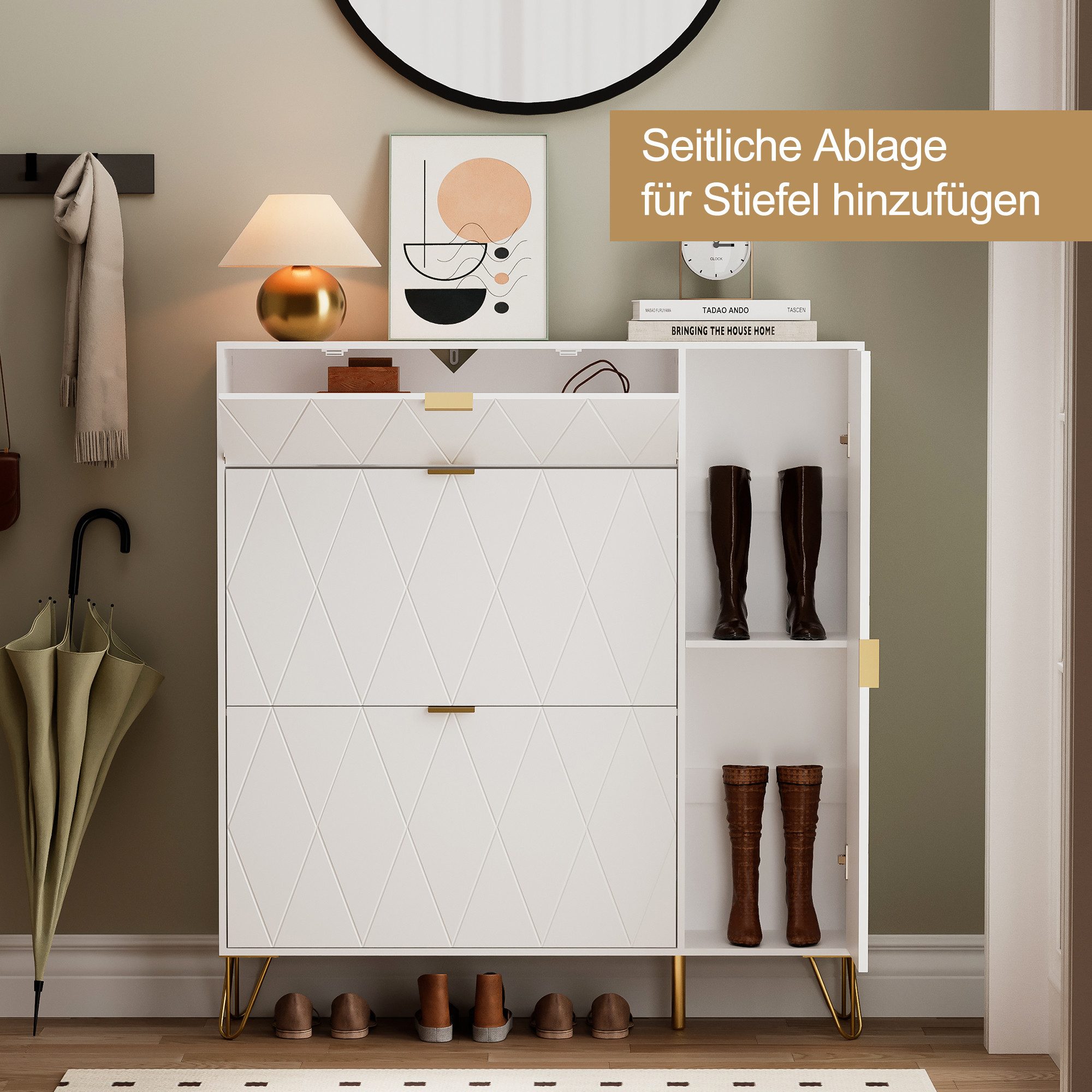 UEV Schuhschrank mit 4 Klappen schmal Schuhkipper Schuhregal (105x24x120cm) verstellbare und herausnehmbare Trennwände für verschiedene Schuhtypen – Bild 5 von 5