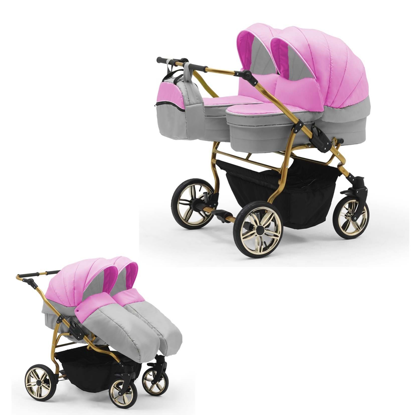 babies-on-wheels Zwillingswagen Zwillingskinderwagen 2 in 1 Duet Lux - 10 Teile - in 33 Farben Rosa-Grau