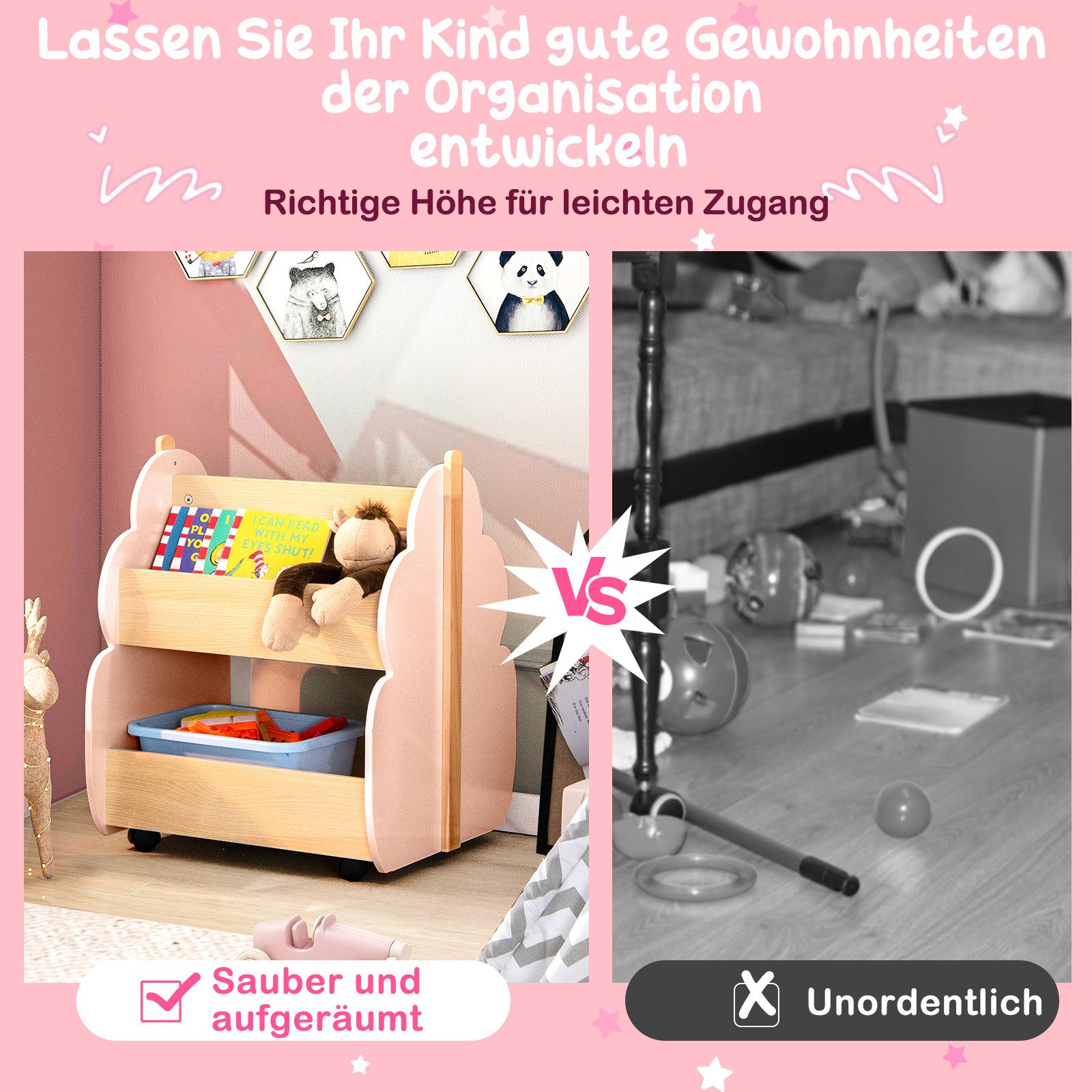 COSTWAY Kinderregal 2 Ebenen Spielzeugregal, mit Rollen, 52 x 46 x 62,5cm