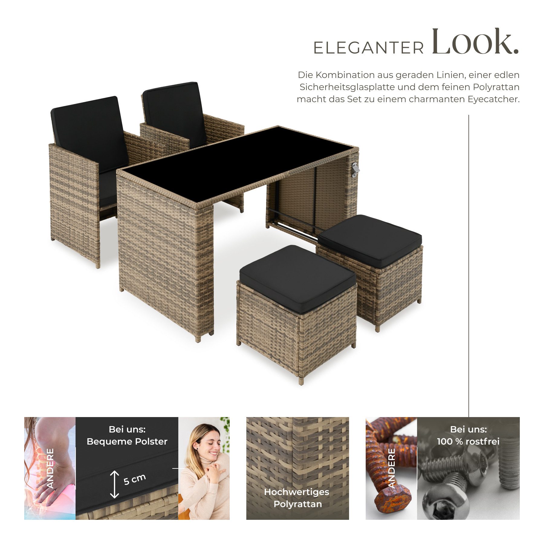 tectake Sitzgruppe Rattan-Gartenlounge für 2 bis 4 Personen, inklusive Flaschenöffner, (Loungeset Palermo, 5-tlg., für Außen in Naturfarben), widerstandsfähig, UV-beständig, mit Sicherheitsglasplatte