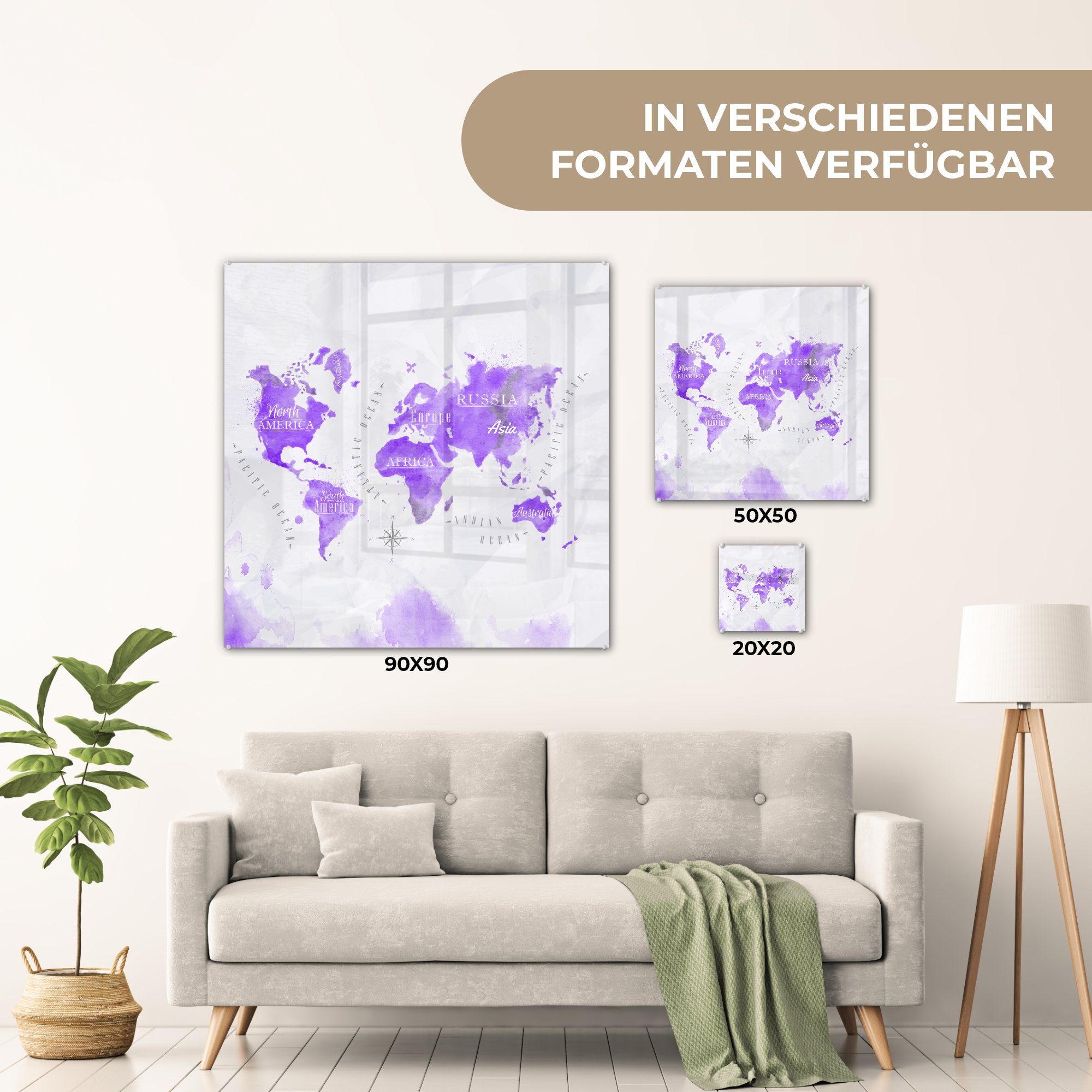 Foto Violett, Glasbilder - Weltkarten - - MuchoWow - Ölfarbe Glas Bilder Acrylglasbild (1 auf Wandbild Wanddekoration St), auf Glas -