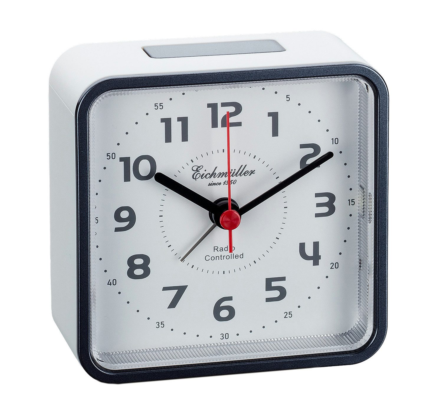 Eichmüller Funkwecker 9842-02 Analog Weiß quadratisch leise Snooze Licht Nachttischwecker