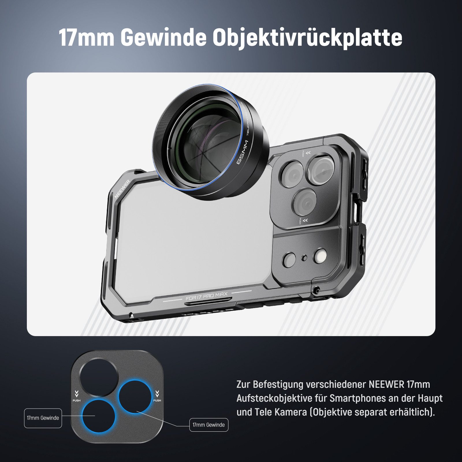 Neewer Handyhülle Handy Käfig Kompatibel mit iPhone 17 Pro Max, PA144 (Schwarz), Video Rig Stabilisator, mit 67mm Filter Ring 17mm Objektiv Rückplatte – Bild 3 von 5