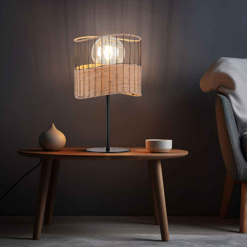JUST LIGHT Stehlampe, Leuchtmittel nicht inklusive, Tischleuchte Wohnzimmerlampe Metall schwarz Holzgeflecht E27 H 42 cm