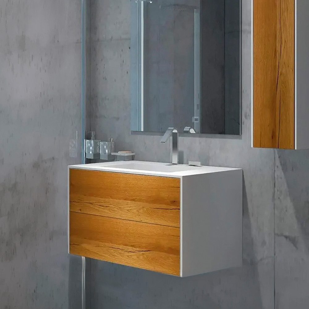 Henneke Waschtisch Corian® WoodOne+ mit Becken mittig eckig und Unterschrank zweireihig, Fugenlos aus Mineralwerkstoff
