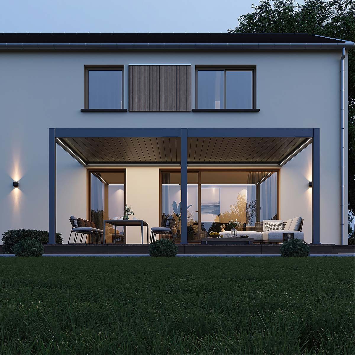 Weide Pergola Deluxe Plus Elektrisch Wand Pavillon Terrassenüberdachung Alu LED 4x6, BxTxH: 600x400x255 cm, (Hochwertigstes Aluminium & verzinkte Stahl-Lamellen, Komplettset)