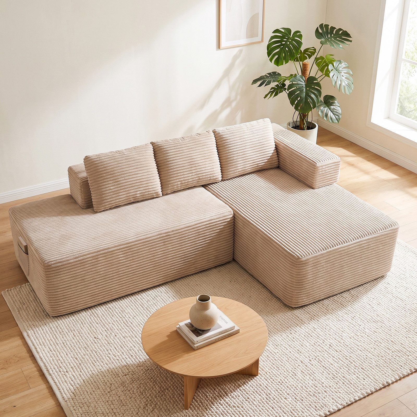 COMHOMA Sofa Ecksofa, Corduroy Modulares Boneless Couch mit Chaiselongue, Metallgestell, L-Form Schlafsofa mit Kissen & Seitentaschen