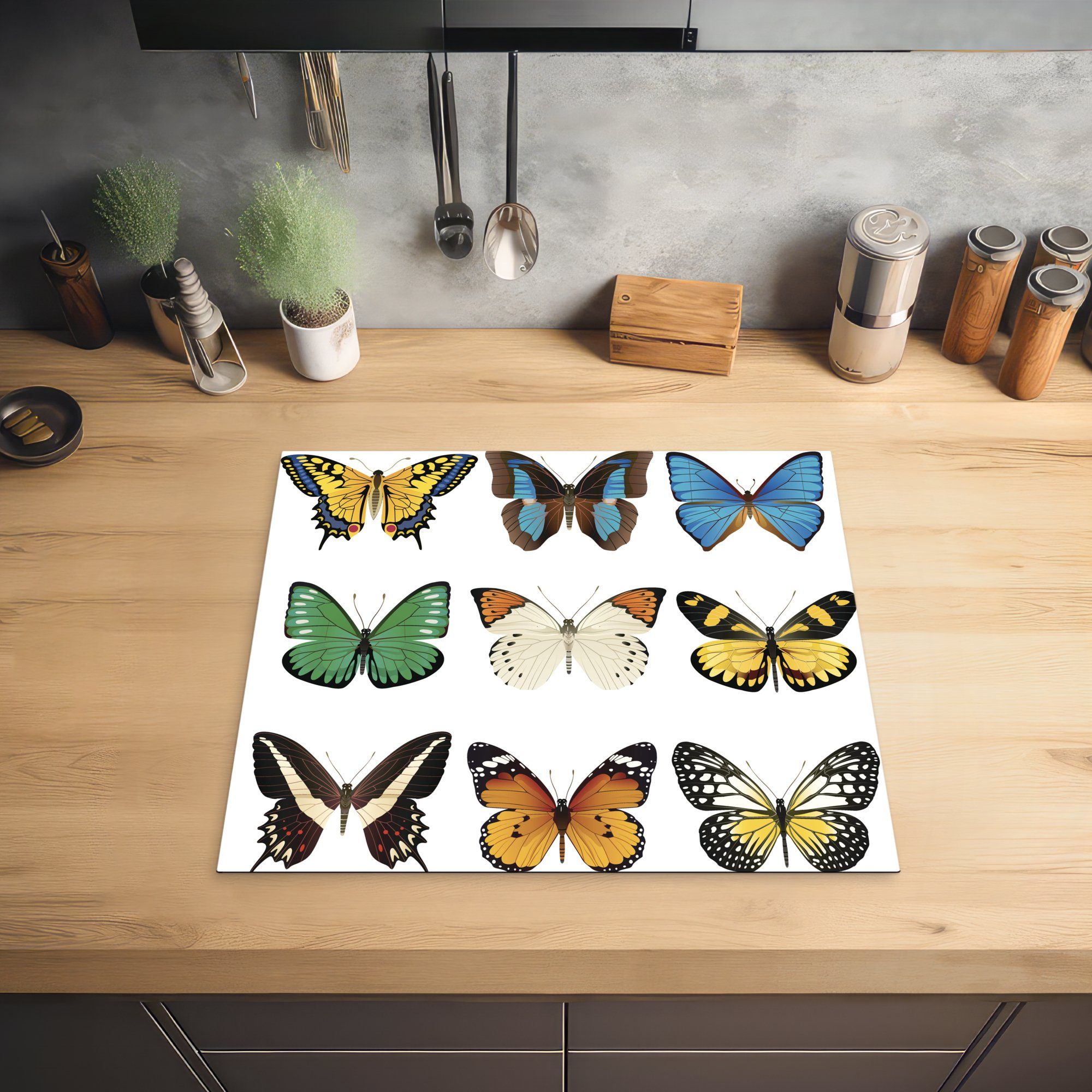 von nutzbar, tlg), neun 60x52 MuchoWow Herdblende-/Abdeckplatte Eine Illustration Schmetterlingen, Mobile Vinyl, Arbeitsfläche Ceranfeldabdeckung (1 cm,