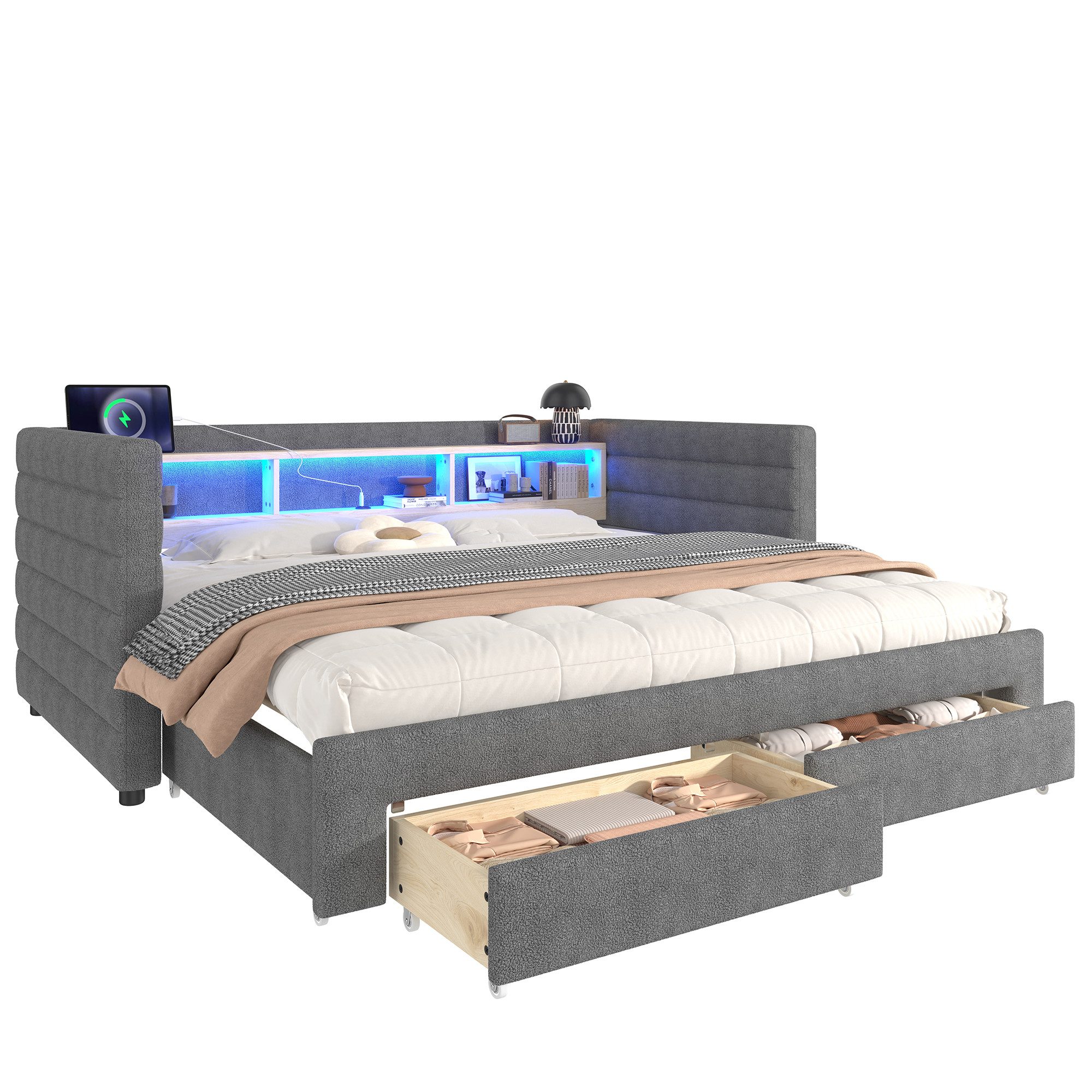 Ulife Daybett multifunktionales Ausziehbett,mit zwei Schubladen,mehreren Staufächern (1 tlg), 90 × 190 cm,USB+Typ-C Anschlüsse,LED-Lichtleiste,Ohne Matratze,Grau