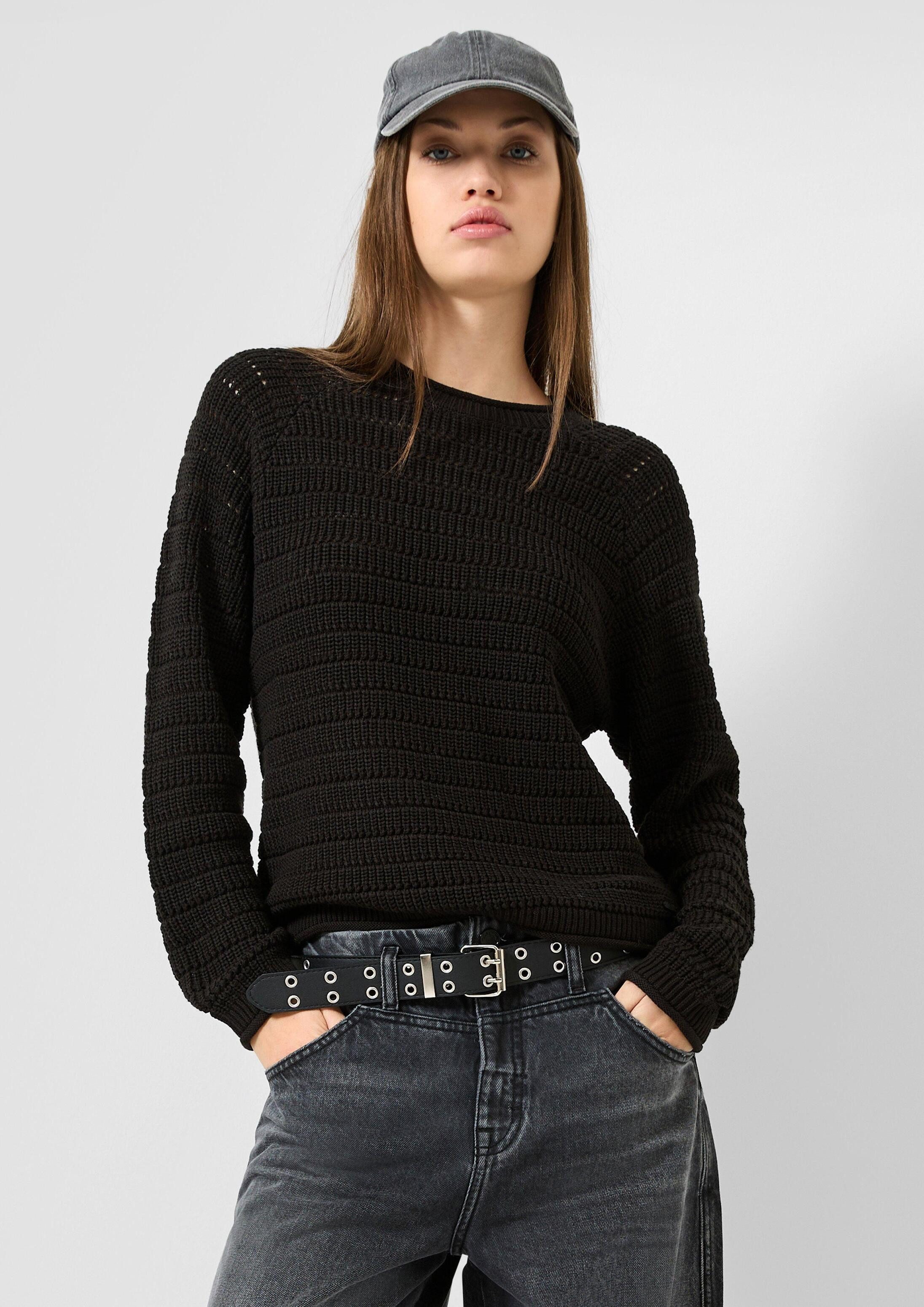 QS Longpullover Strickpullover Pullover aus Baumwollmix mit Ajourmuster