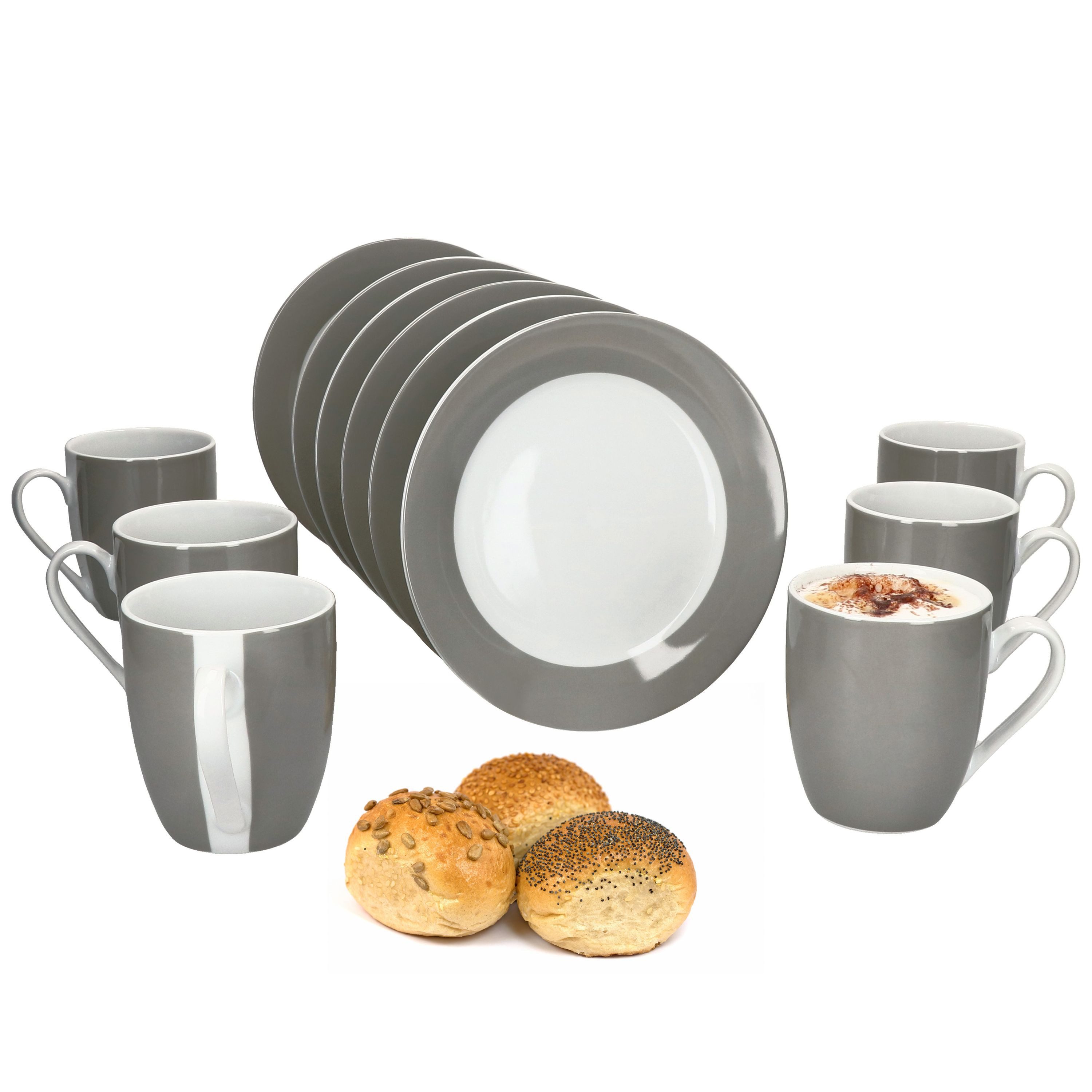 MamboCat Frühstücks-Geschirrset 12tlg Frühstücksset Variant Grau Porzellan 6 Personen Teller klein, Porzellan
