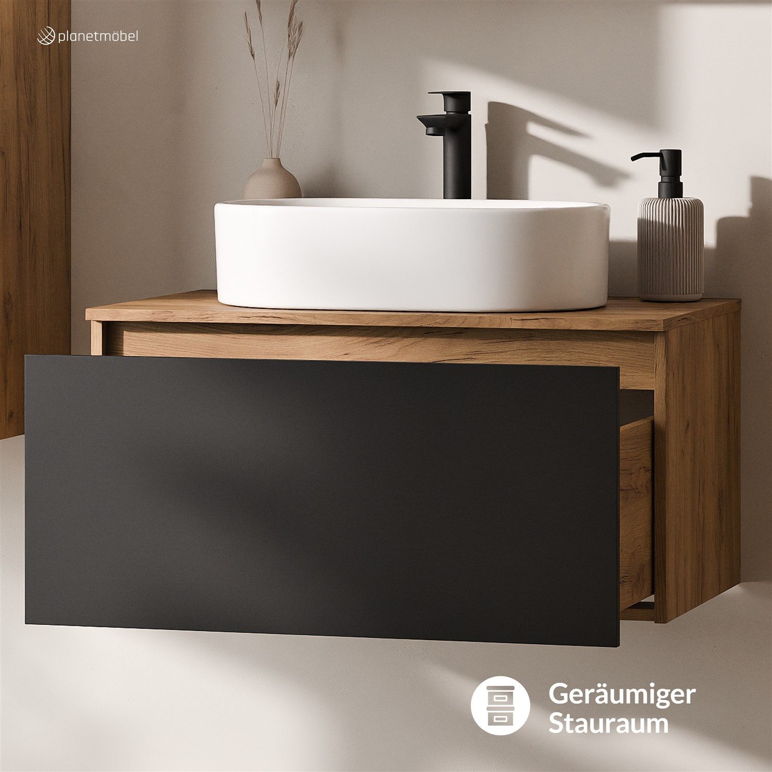 Planetmöbel Waschtisch-Set Arisa 2 teilig, Waschtisch mit Unterschrank 80 cm, Waschbecken 55 cm, (Waschtischunterschrank hängend für Gäste WC & Bad, schwarz, Badmöbel Set mit Waschbecken 55 cm weiß), Schublade mit Soft-Close Funktion