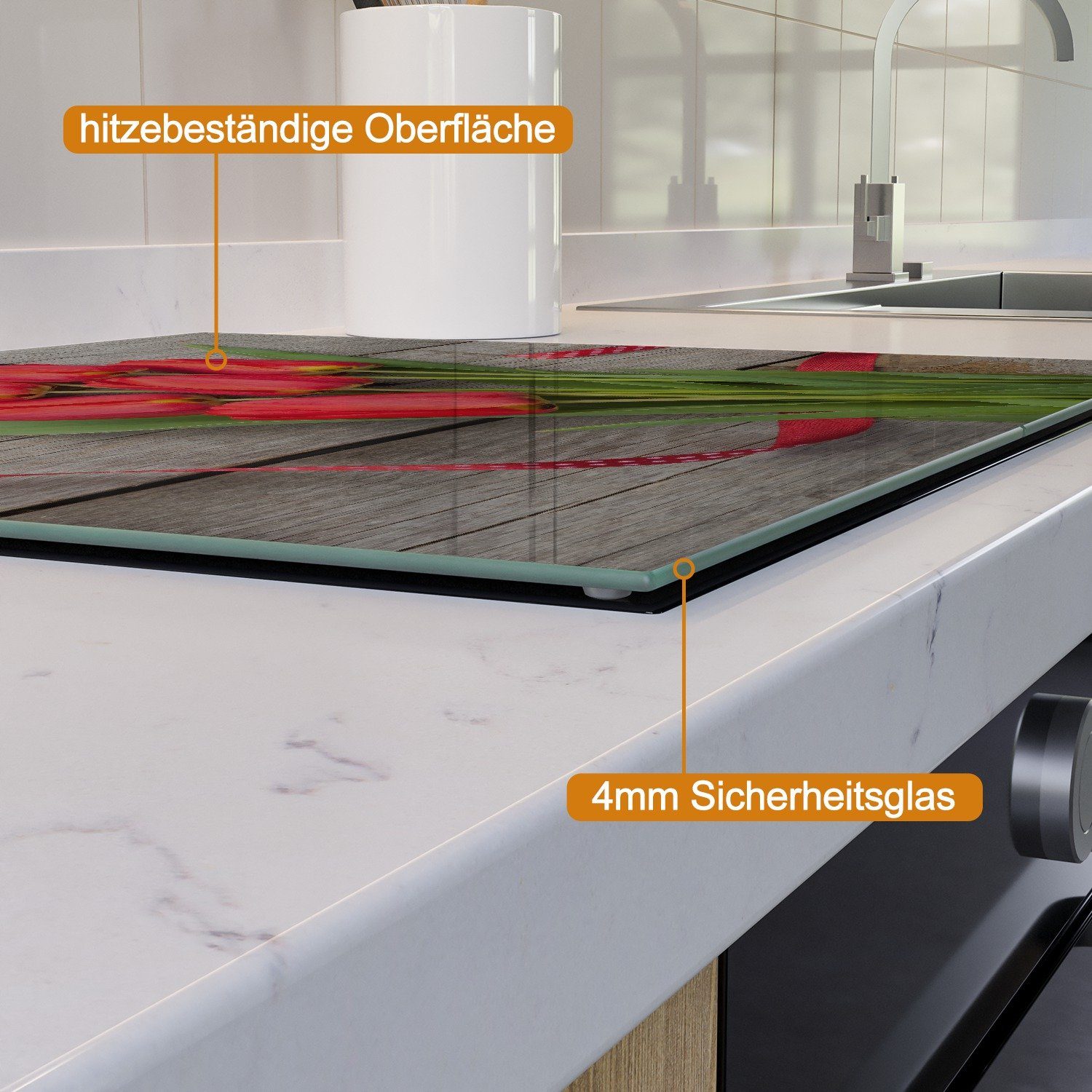 Herd-Abdeckplatte Holztisch, 2 alten Tulpen 5mm auf einem Größen inkl. Noppen), tlg., Rote Wallario verschiedene (Glasplatte, ESG-Sicherheitsglas,