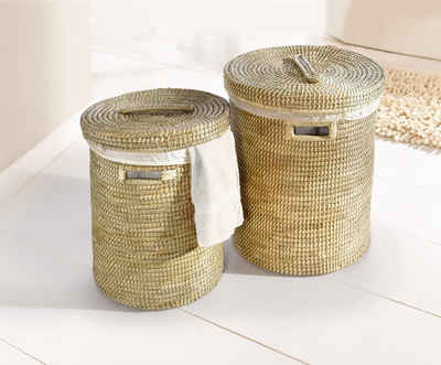 Dekoleidenschaft Wäschekorb aus Seegras mit Deckel, Wäschesammler mit Textileinlage, in 2 Größen, in Handarbeit hergestellt