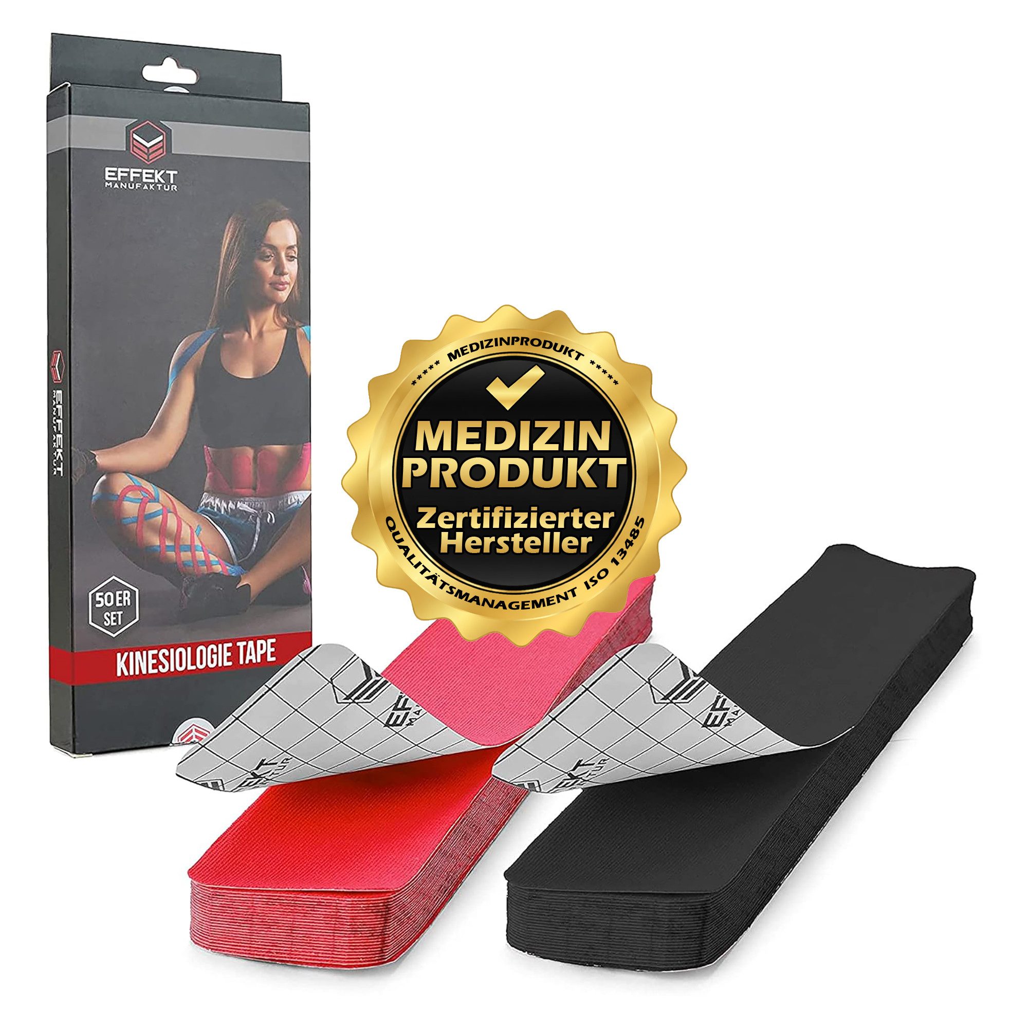 Effekt Manufaktur Kinesiologie-Tape PRECUT 25x5cm - rot/schwarz (2x25 Streifen) (50-St) 50-60 % Dehnbarkeit