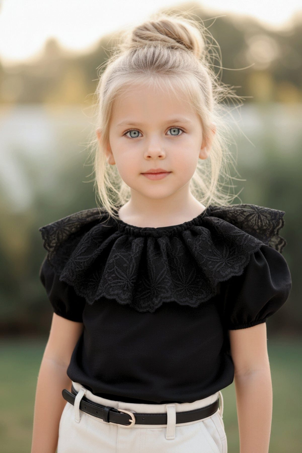 Kurzarmshirt Schwarzes T-Shirt mit Spitzendetails am Kragen