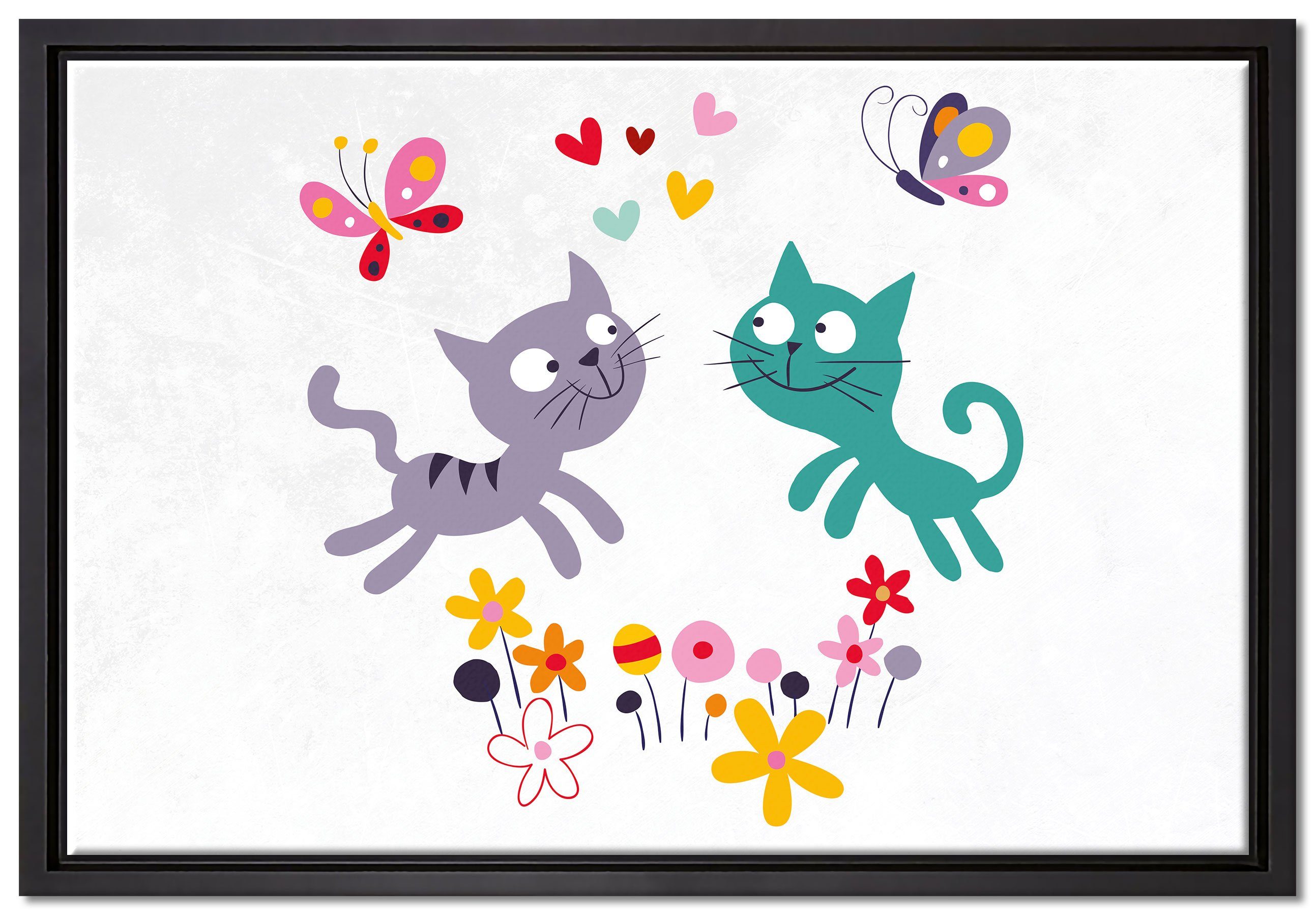 Pixxprint Leinwandbild fröhlich und spielende Kätzchen, Wanddekoration (1 St), Leinwandbild fertig bespannt, in einem Schattenfugen-Bilderrahmen gefasst, inkl. Zackenaufhänger