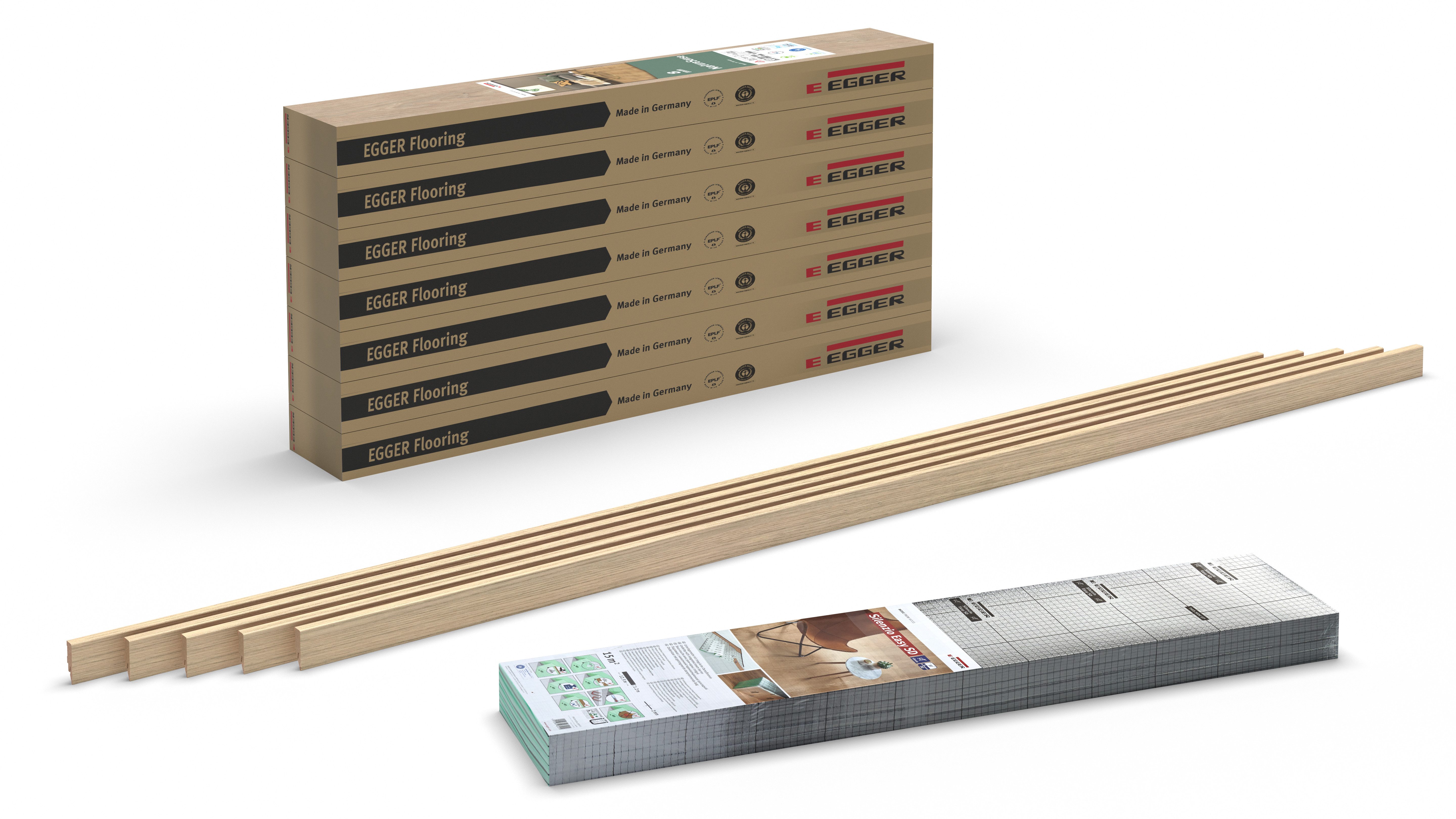 EGGER Laminat Set 8mm NL1031 Berdal Eiche hell 8mm - 14m² (7 Pakete Fußboden), inkl. 5 Sockelleisten (12m) und Trittschalldämmung