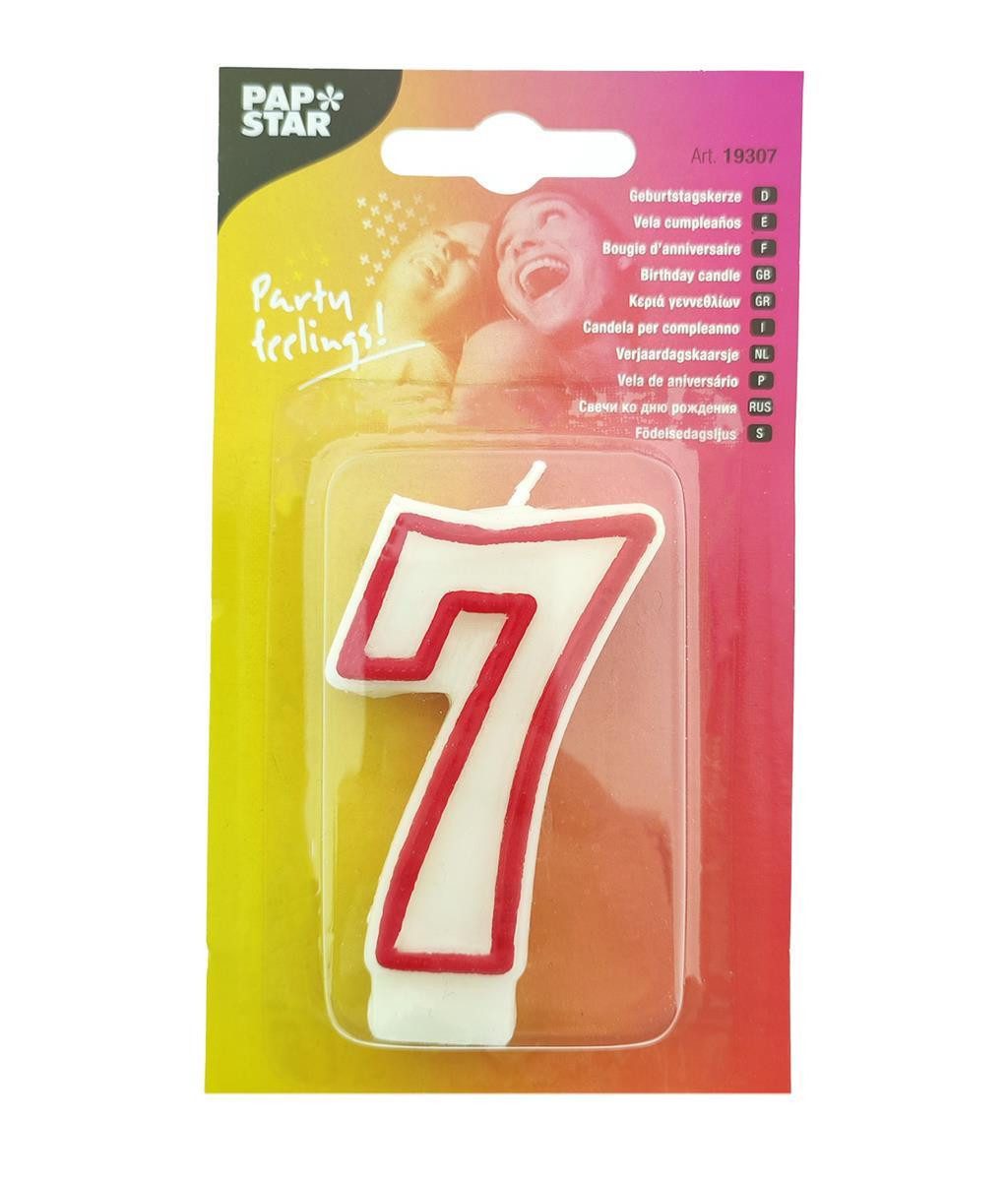PAPSTAR Geburtstagskerze Zahlenkerze 7,3 cm weiß "7" mit rotem Rand (Stück, 1-tlg., Zahlenkerze), Geburtstagskerze Geburtstagstorte Tortendekoration Kuchendekoration