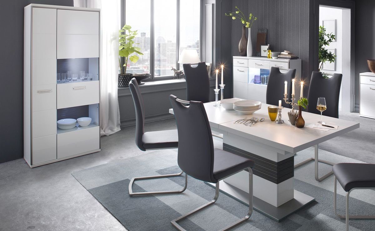 expendio Wohnzimmer-Set Travis 144, (Spar-Set, 7-St), weiß Hochglanz  montiert LED + Softclose + 4x Stuhl Kunstleder schwarz