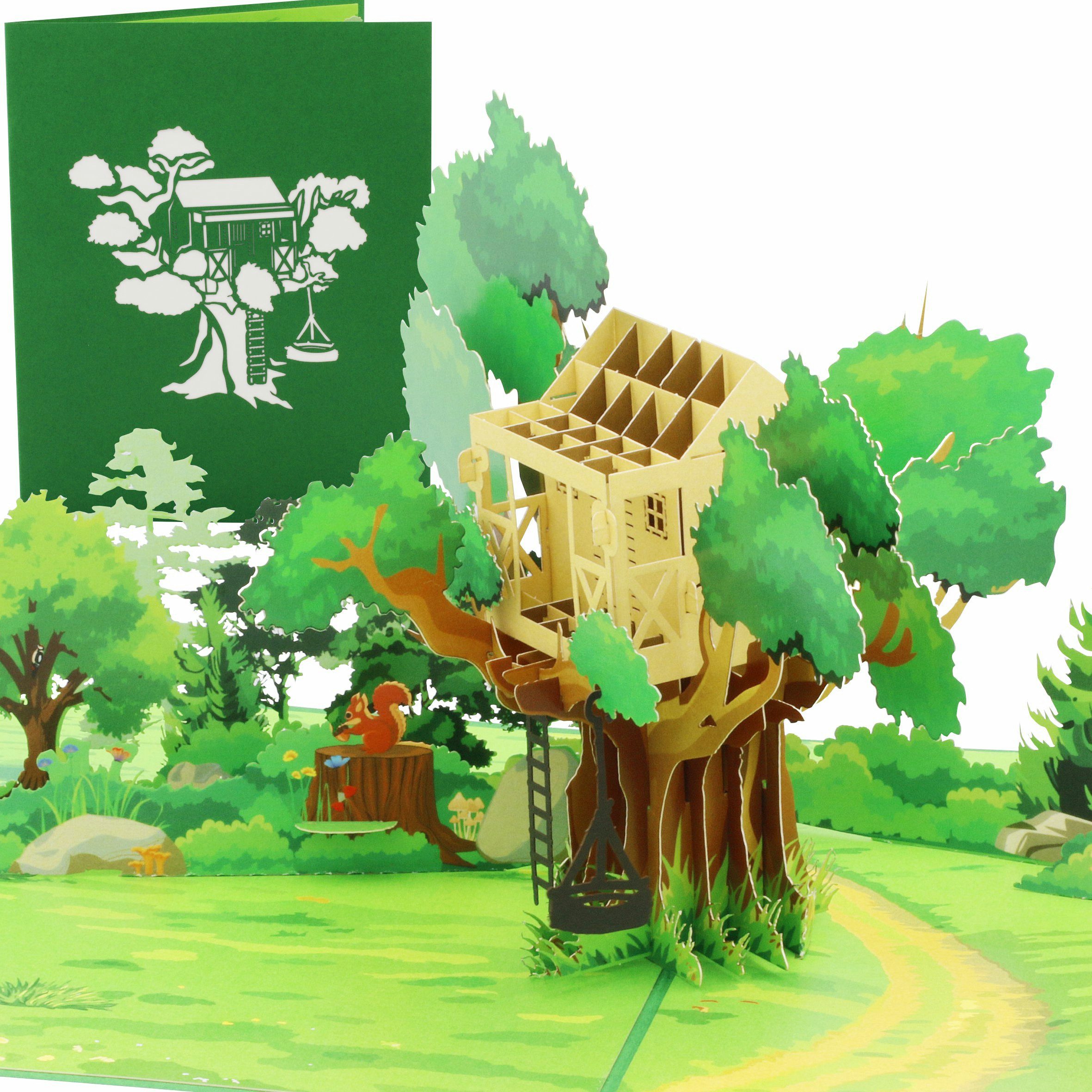 design3dkarten Glückwunschkarte Pop Up Karte Baumhaus im Wald – 3D Geburtstagskarte für Kinder, mit herausnehmbarem Einleger, Umschlag und Schutzhülle