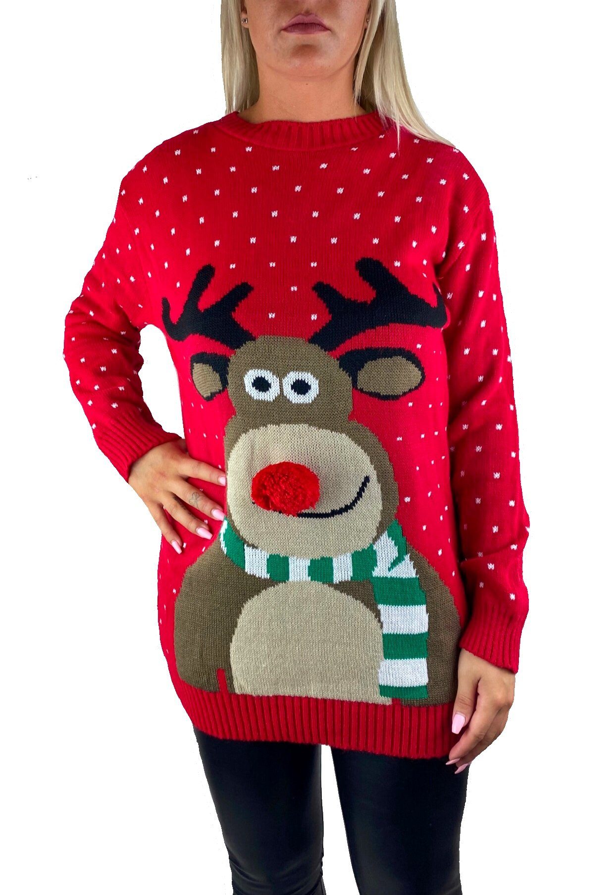 Worldclassca Weihnachtspullover Worldclassca Weihnachten Merry Christmas Sweater Damen Pullover Teenager Mädchen Pulli Weihnachtspullover Xmas Rudolph Rentier Rote Bommel Nase S-XXL