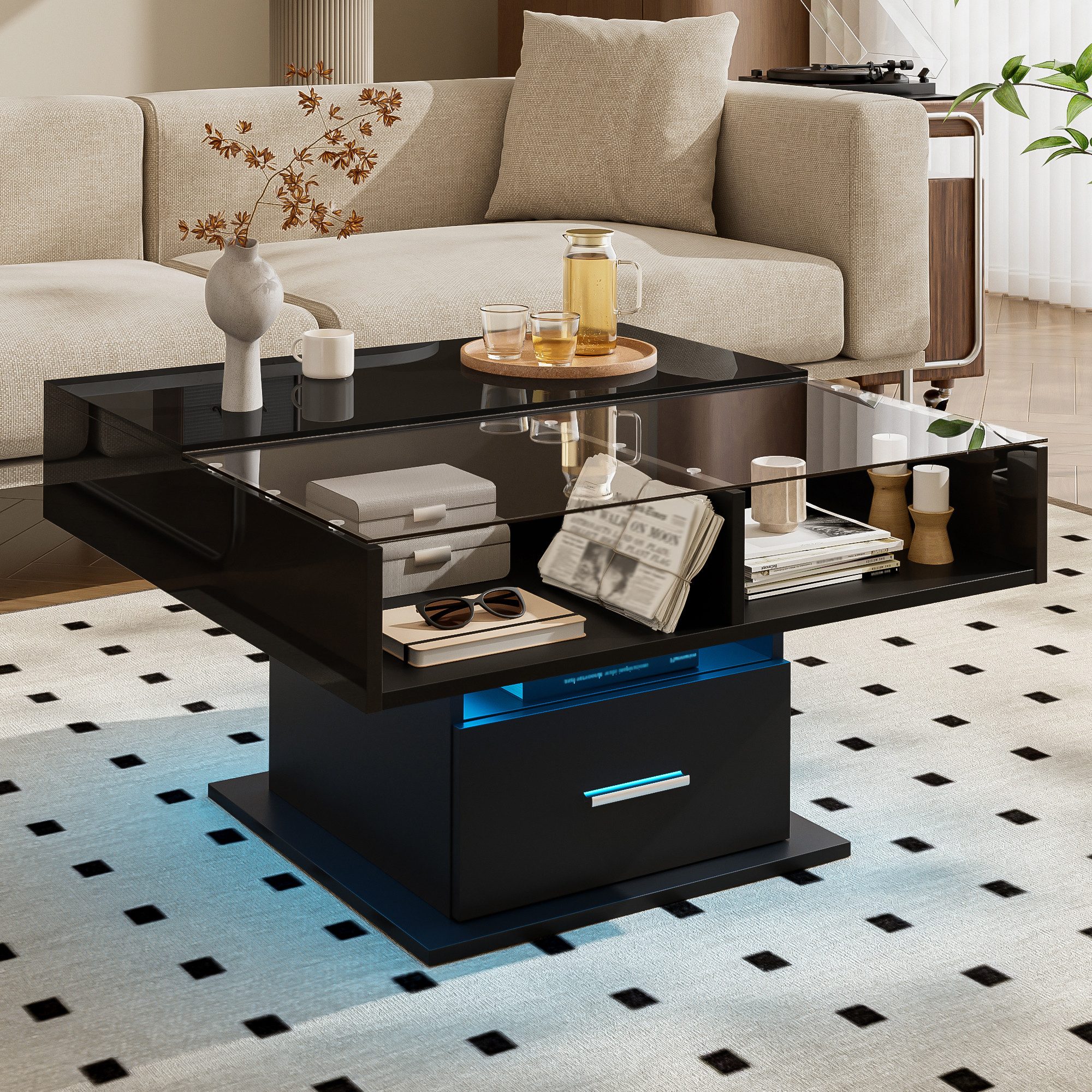 KLAM HOME Couchtisch Multifunktionaler Hochglanz-Lift-Couchtisch mit LED-Beleuchtung (verstellbarer Höhe & flexiblem Stauraum), modernes Design für Wohnzimmer,  – Bild 4 von 5