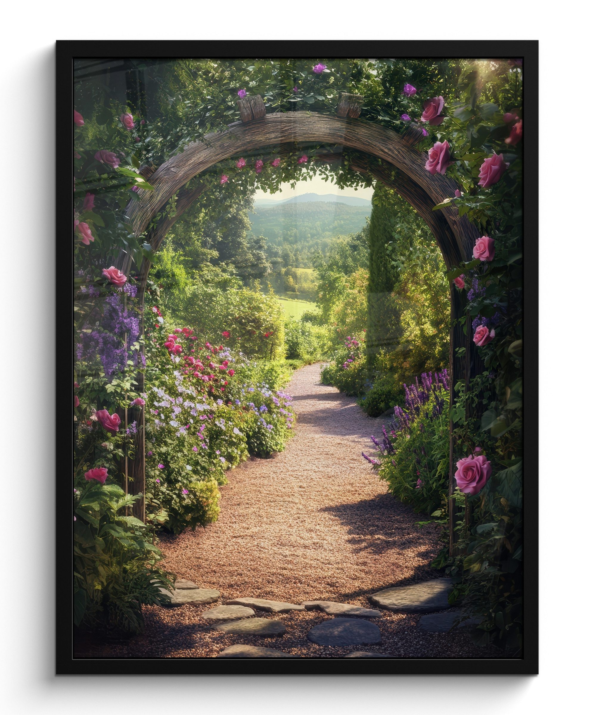 Poster Fensterblick - Blumen - Natur - Rosenbogen