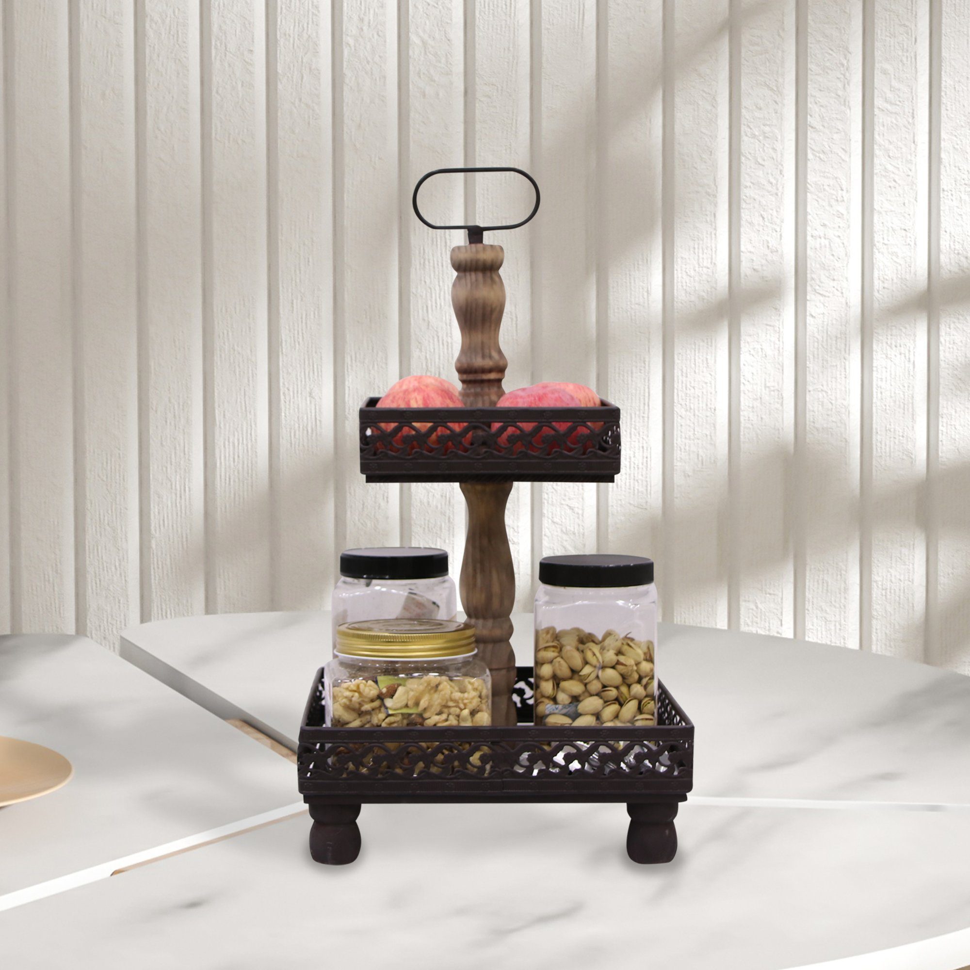 Mucola Etagere Etagere Servierplatte 2 Stöckig 51 CM XXL Braun und Weiß Vintage, (Stück, 1 Etagere), Massivholz