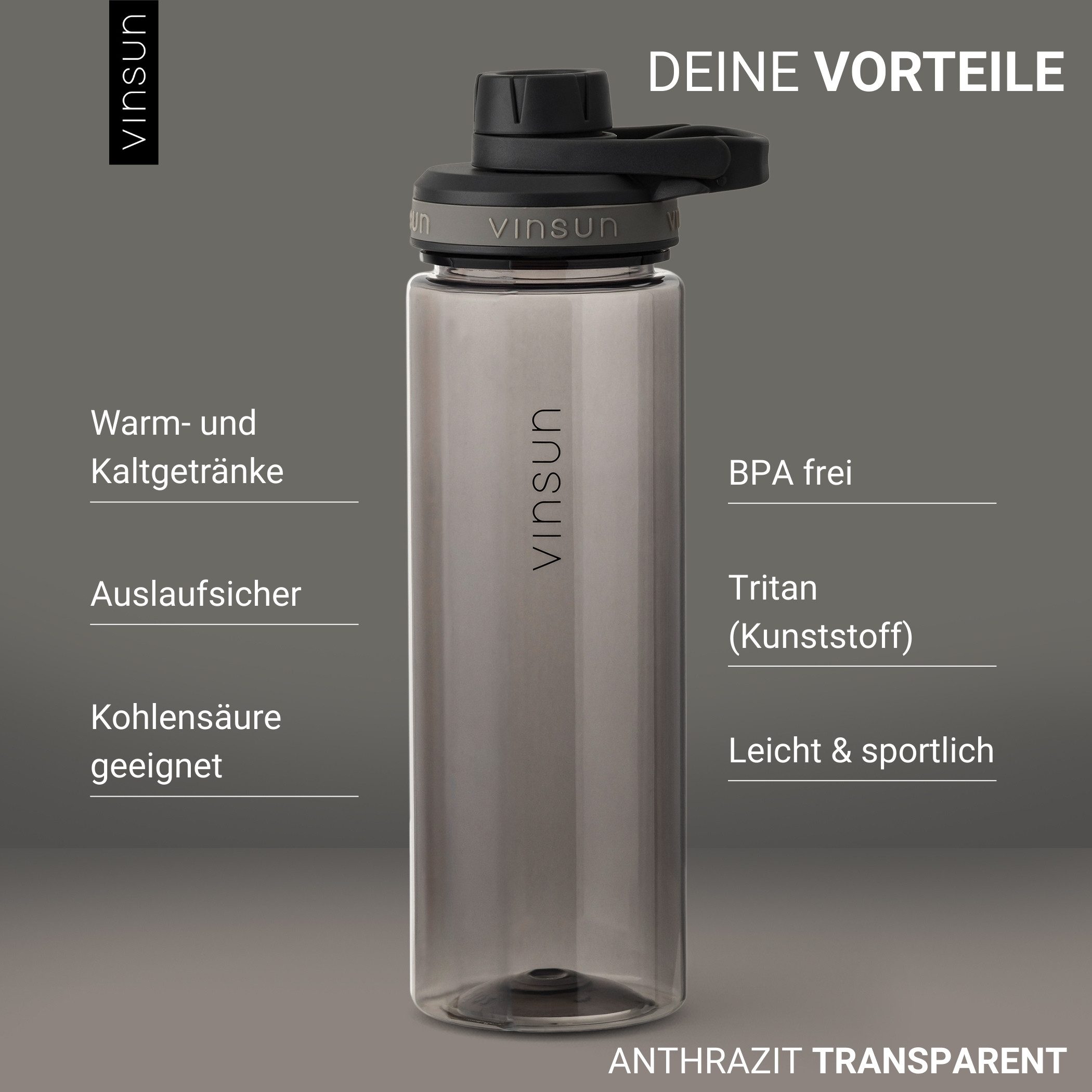 Vinsun Trinkflasche Sportflasche 750ml - Wasserflasche BPA frei & Kohlensäure geeignet, Auslaufsicher, bruchsicher, wiederverwendbar, leicht, Tritan Flasche