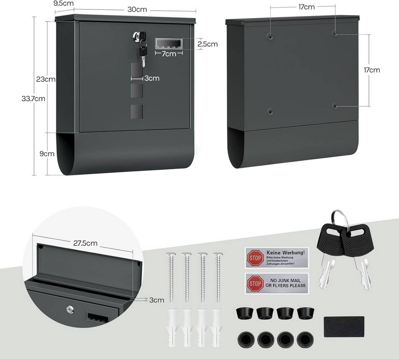 Woltu Wandbriefkasten (1-St), Postkasten mit Zeitungsfach Sichtfenstern, abschließbar