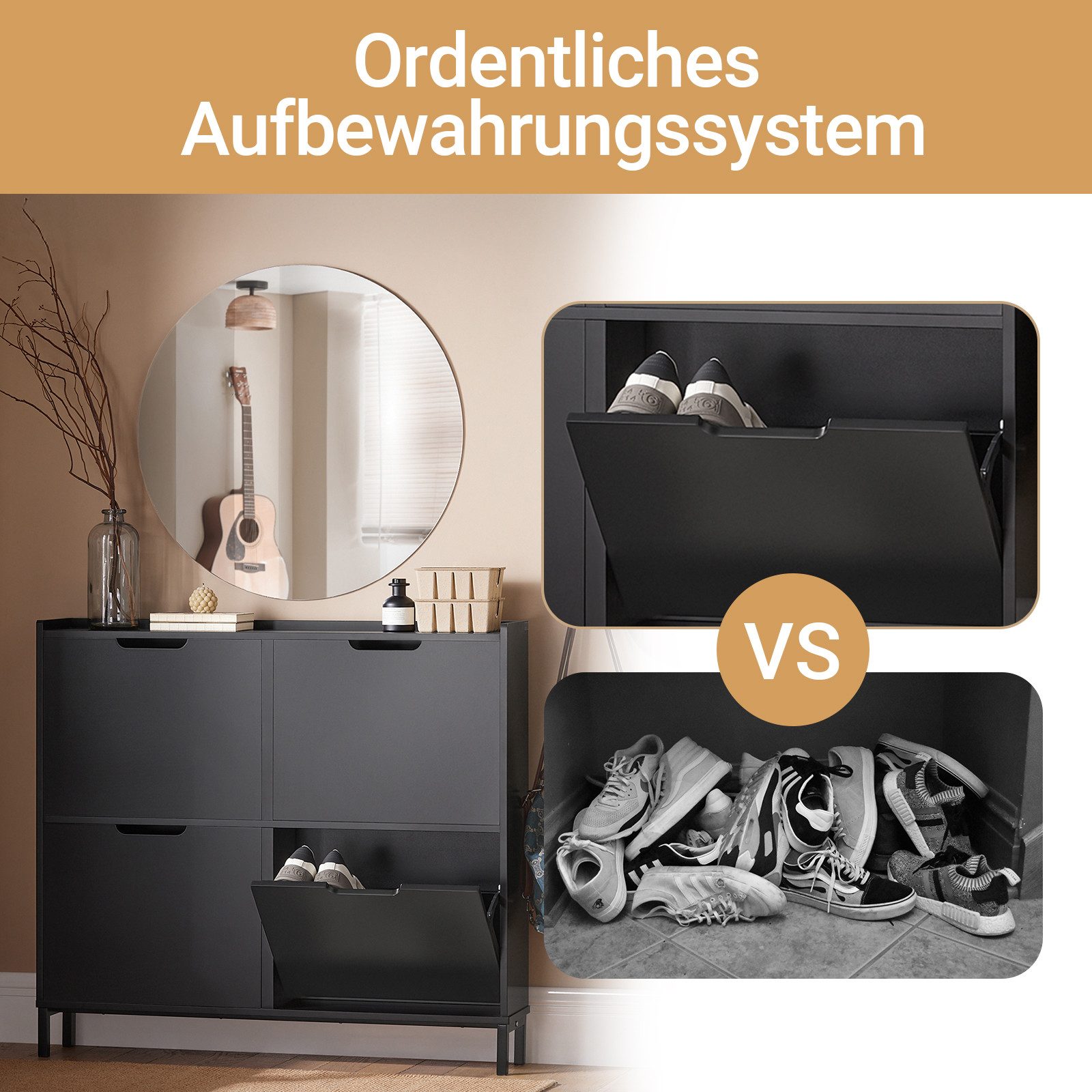 SoBuy Schuhschrank FSR100, Schuhkipper Schuhregal Flurschrank Schuhkommode Schuhschrank schmal, mit 4 Klappen, für 8-12 Paar Schuhe, Diele, Flur