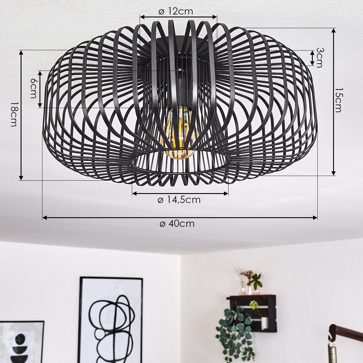 hofstein Deckenleuchte »Pieris« runde Deckenlampe aus Metall in Schwarz, ohne Leuchtmittel, E27, Retro-Leuchte mit Lichteffekt durch Gitter-Optik – Bild 5 von 5
