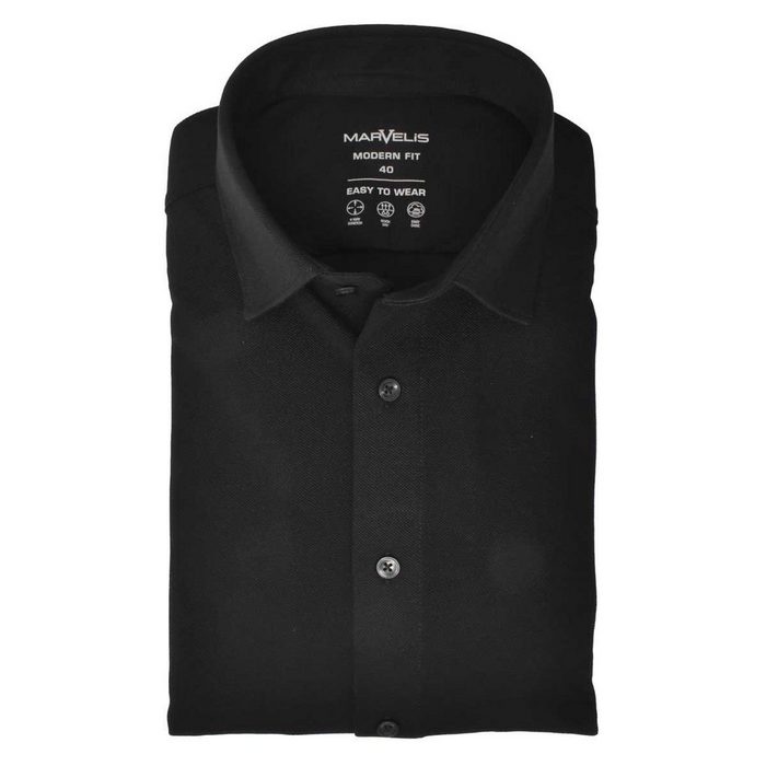 MARVELIS Businesshemd Easy To Wear Hemd - Modern Fit - Langarm - Struktur - Schwarz 4-Way-Stretch