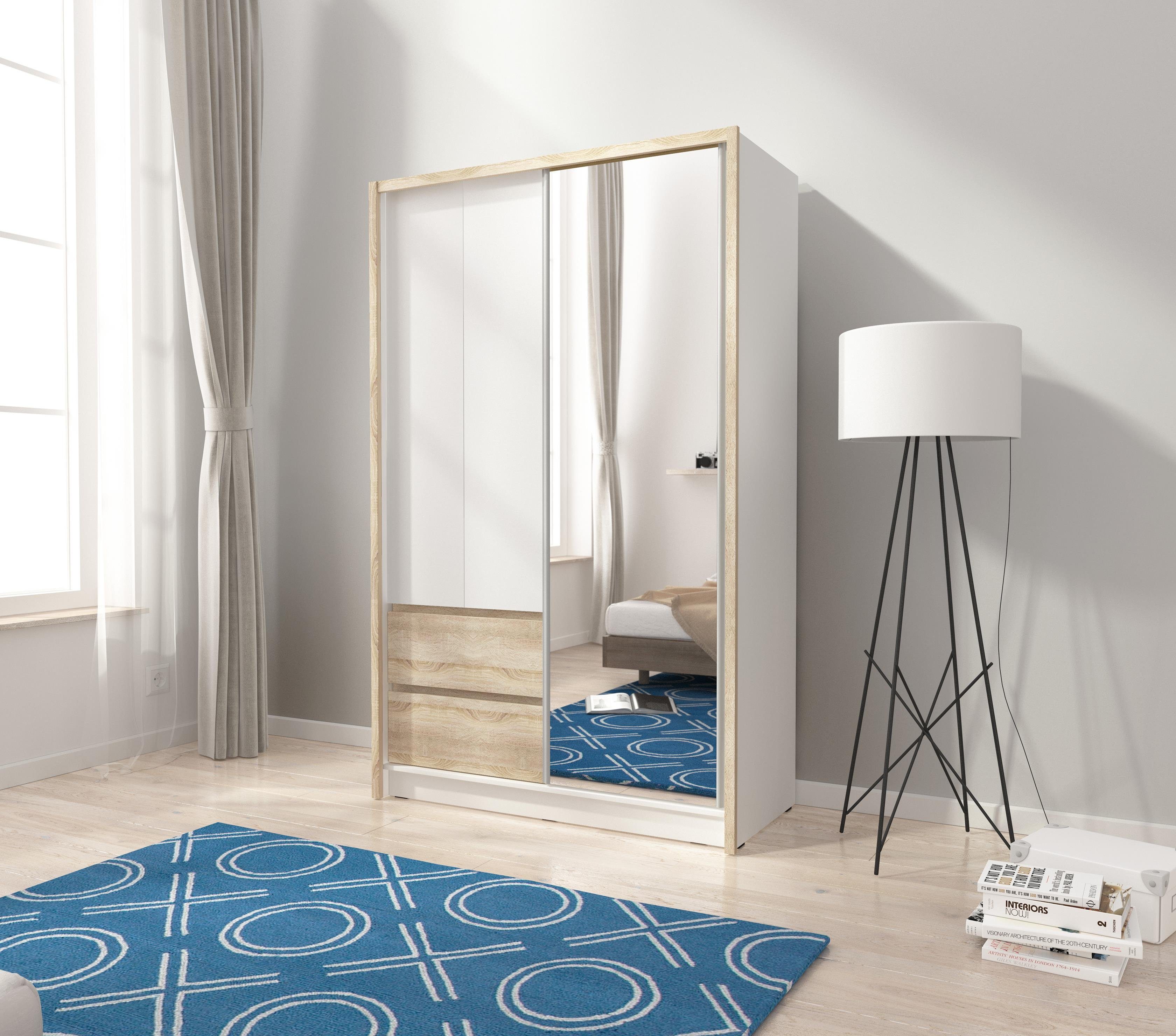 Kleiderschrank mit TINA Schubladen, Weiß sonoma Garderobe Spiegel, mit Schwebetürenschrank + Compleo Kleiderschrank